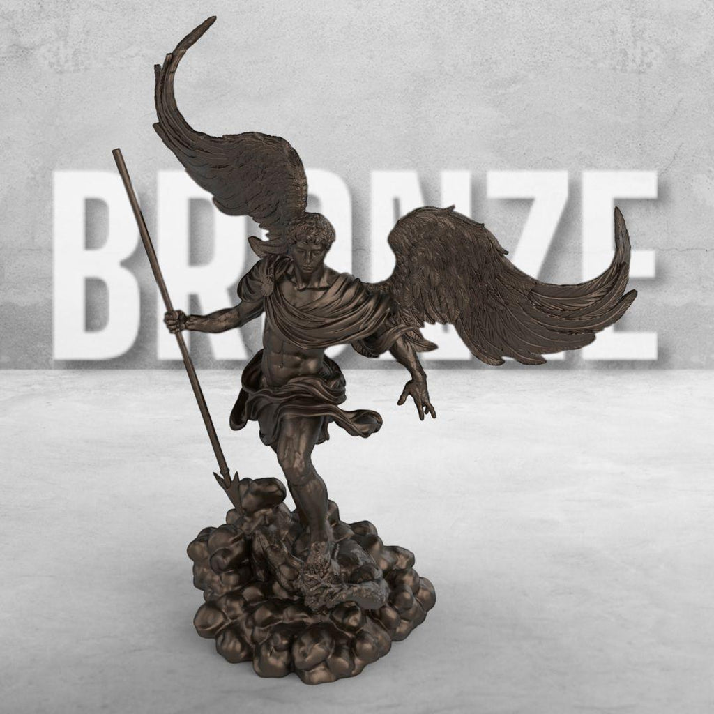 Statue of Archangel with large wings, standing over a defeated demon. Holding a spear, he wears a flowing robe. The base has swirling clouds, symbolizing divinity. Available in multiple finishes.