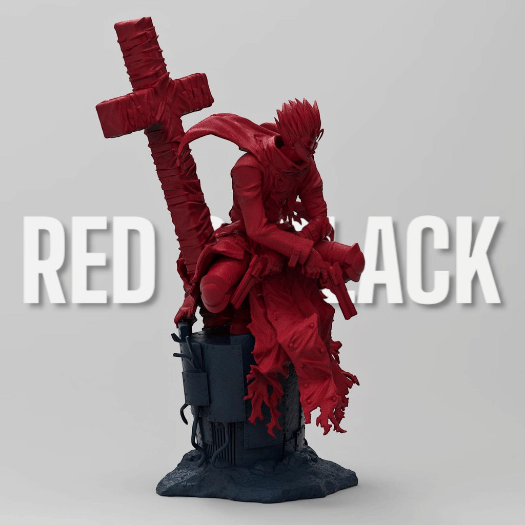 Vash the Stampede figure, posed on a weathered base with tattered red coat flowing. Holds dual revolvers, massive wrapped cross weapon on back. Inspired by Trigun, capturing his dynamic movement and signature look.