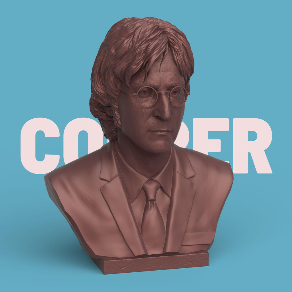 3D-printed bust of John Lennon wearing round glasses and a suit with tie, finely detailed to capture his calm and thoughtful expression — perfect for music fans, collectors, and art displays.