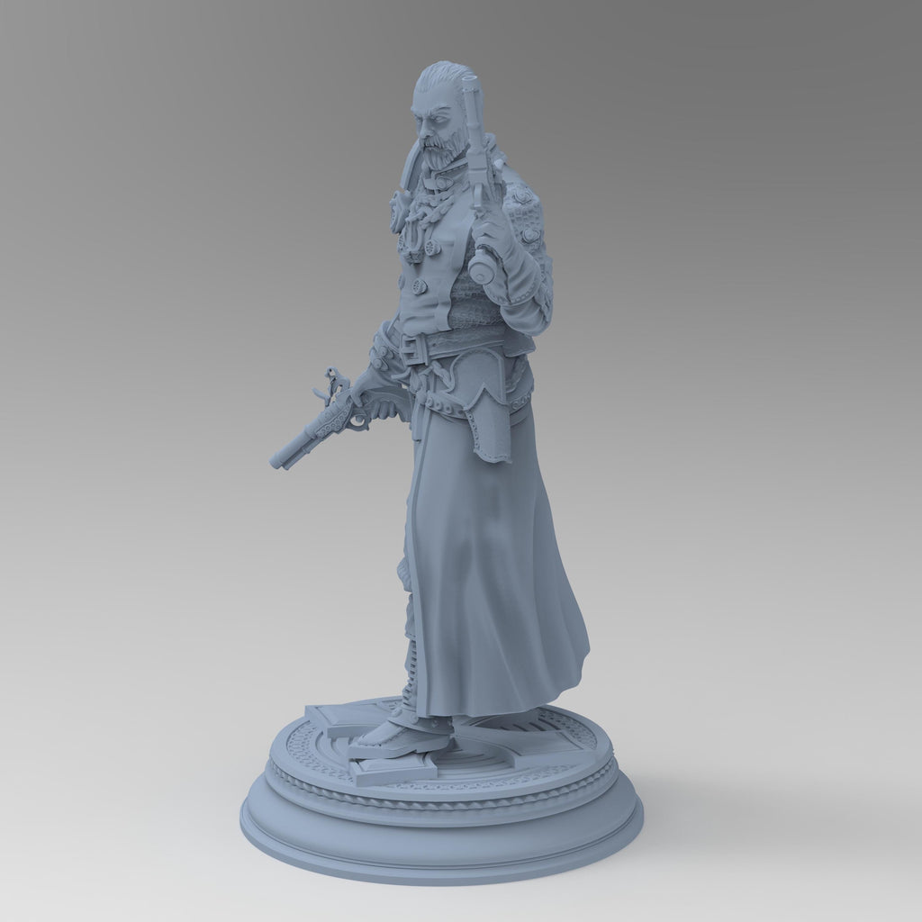 Stoic and battle-worn, Father McKinley stands with dual flintlock pistols and a righteous glare. Adorned in detailed layered armor and a long flowing coat, this miniature captures a holy gunslinger ready to purge evil with fire and faith.