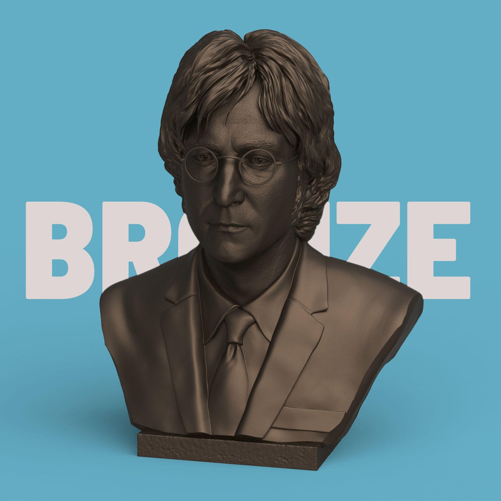 3D-printed bust of John Lennon wearing round glasses and a suit with tie, finely detailed to capture his calm and thoughtful expression — perfect for music fans, collectors, and art displays.