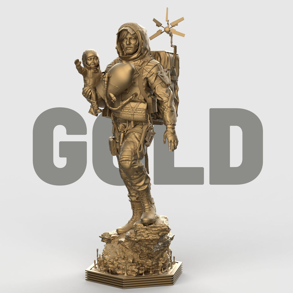 Delivery Man figurine depicting a rugged adventurer in detailed gear carrying supplies and equipment, standing firmly on a rocky base, available as an unpainted resin model.