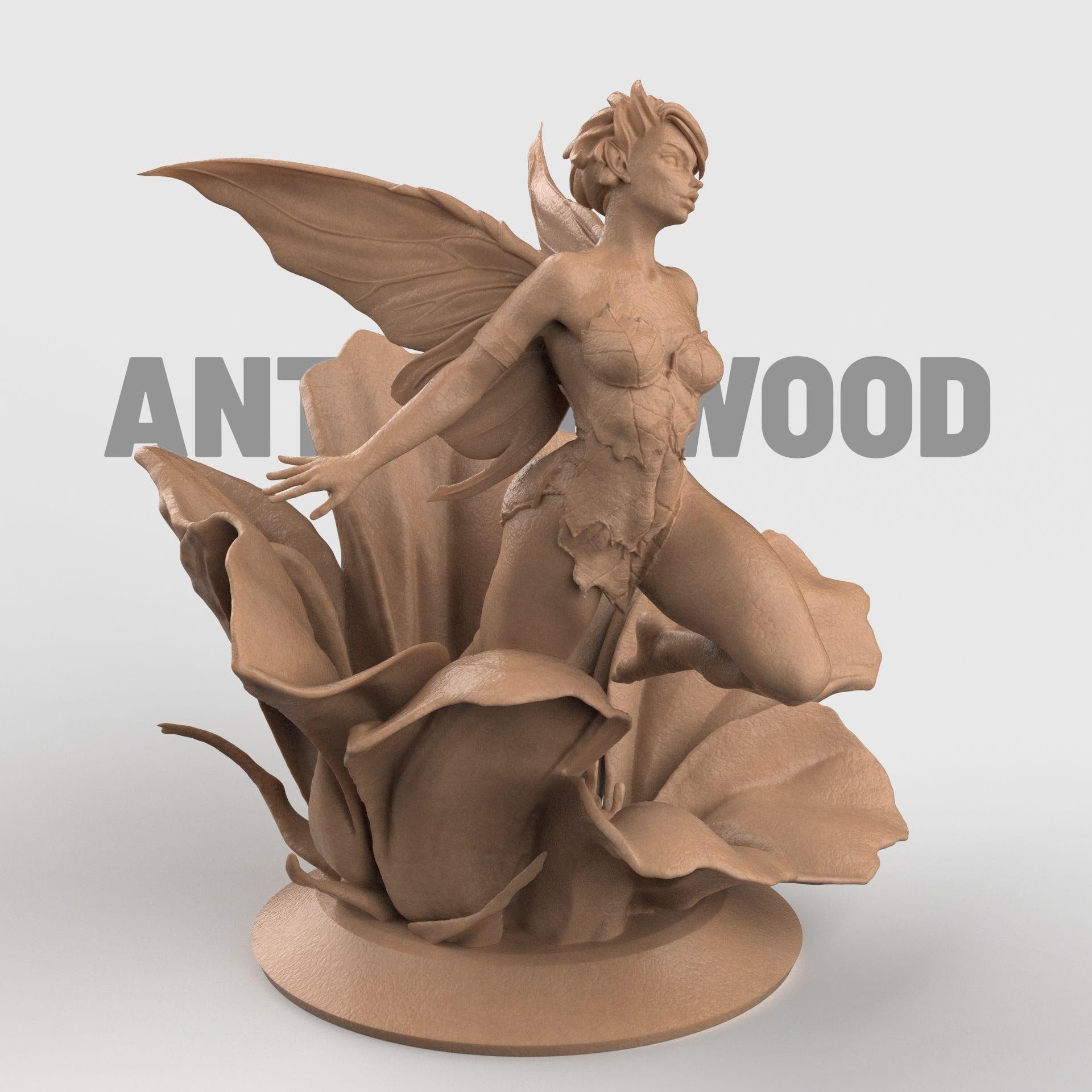 3D-printed figurine of a graceful fairy with delicate wings, poised elegantly atop a blooming flower. The fairy’s flowing form and detailed floral base highlight fantasy artistry, making it a stunning collectible or home décor piece.