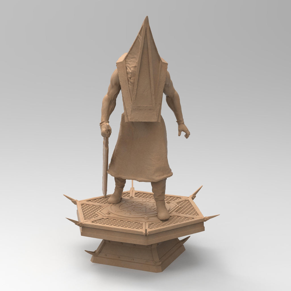 A menacing figure stands on a spiked platform, clad in a long, tattered robe with a massive pyramid-shaped helmet. He grips a large, rusted blade, exuding an aura of terror. Shadows stretch behind him, amplifying his ominous presence.