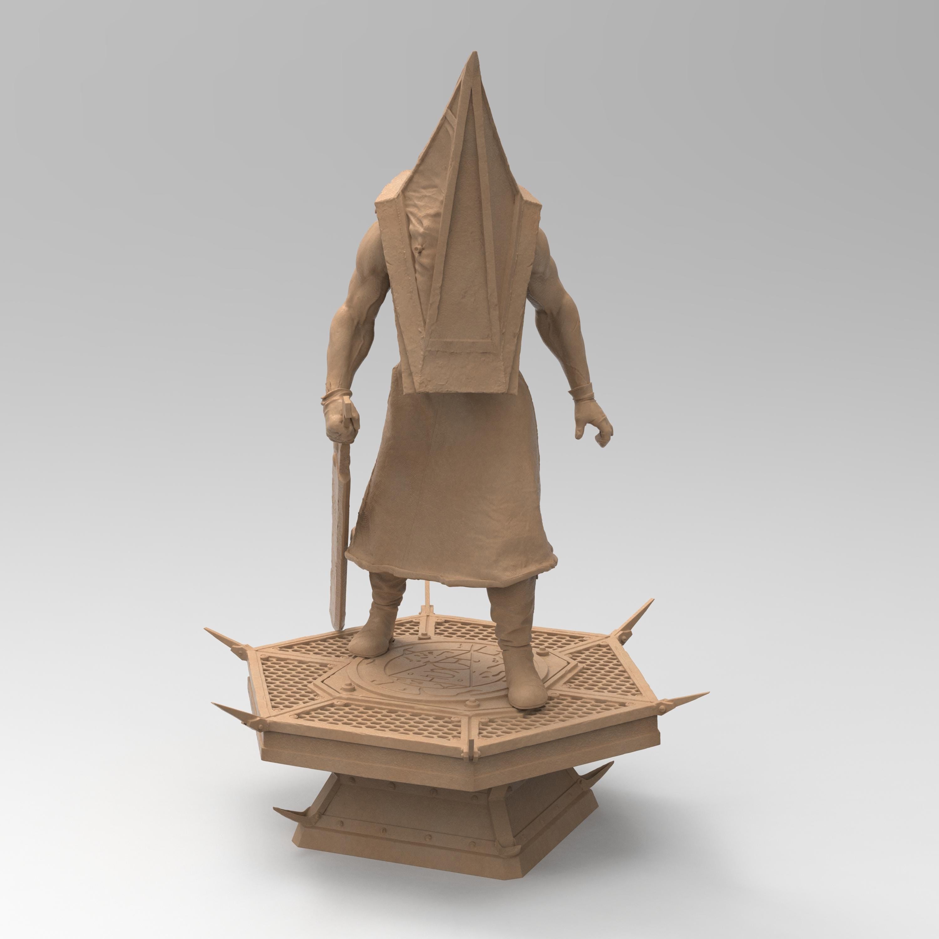 A menacing figure stands on a spiked platform, clad in a long, tattered robe with a massive pyramid-shaped helmet. He grips a large, rusted blade, exuding an aura of terror. Shadows stretch behind him, amplifying his ominous presence.