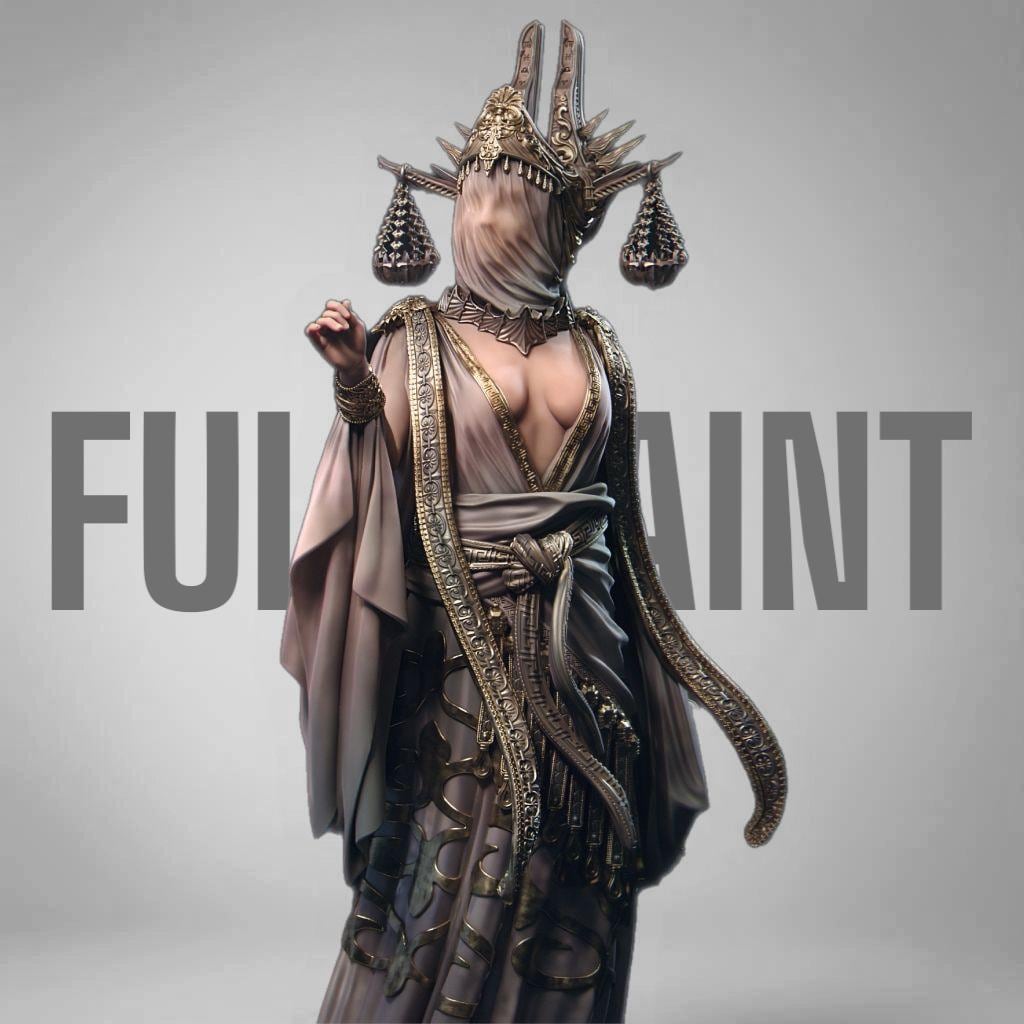 Highly detailed 3D-printed statue of Atropos the Moirai. Depicted in a flowing robe with intricate gold detailing, a veiled face, and an elaborate headdress featuring hanging scales. A stunning display of divine elegance and fate’s embodiment.