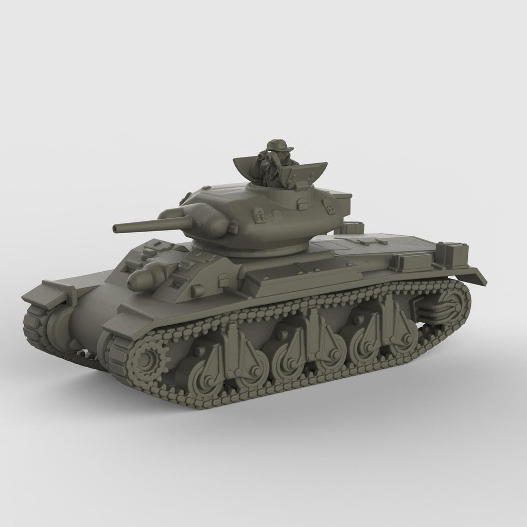 3D model of the Sentinel AC1 tank, featuring rounded turret with mounted gunner figure, smooth armored hull, and distinctive suspension with four large bogies per side, shown in metallic silver finish.