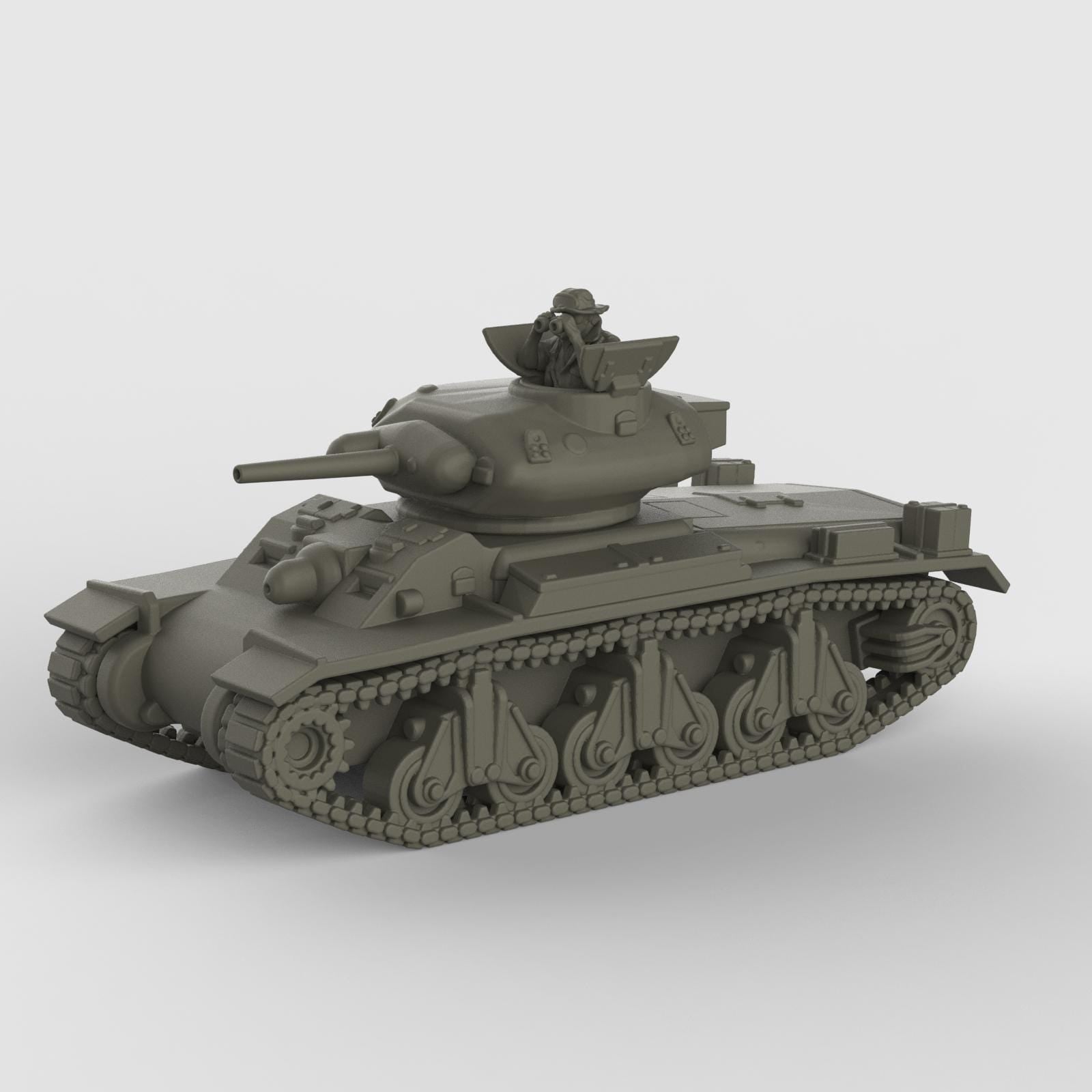 3D model of the Sentinel AC1 tank, featuring rounded turret with mounted gunner figure, smooth armored hull, and distinctive suspension with four large bogies per side, shown in metallic silver finish.