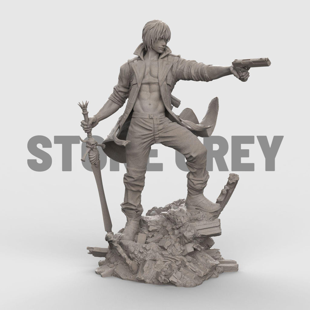 Dante figurine posed dynamically on rocky terrain, wearing a flowing red coat and holding a pistol aimed forward, with detailed sculpting and painted finish.
