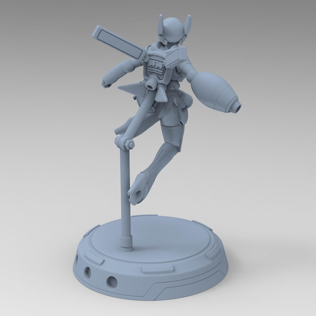 Cyberbabe Mommo, a dynamic cyberpunk warrior, soars mid-air in sleek armor with powerful gauntlets and a futuristic visor. Her agile stance and mechanical enhancements make her a striking figure for sci-fi enthusiasts and collectors.