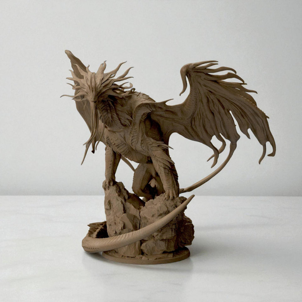 3D-printed Dragon Bahamut figurine featuring an awe-inspiring mythical dragon perched on a rocky base. The sculpture showcases flowing wing membranes, sharp scales, and a dynamic pose that radiates strength and majesty — a centerpiece piece for fantasy collectors and dragon enthusiasts alike.