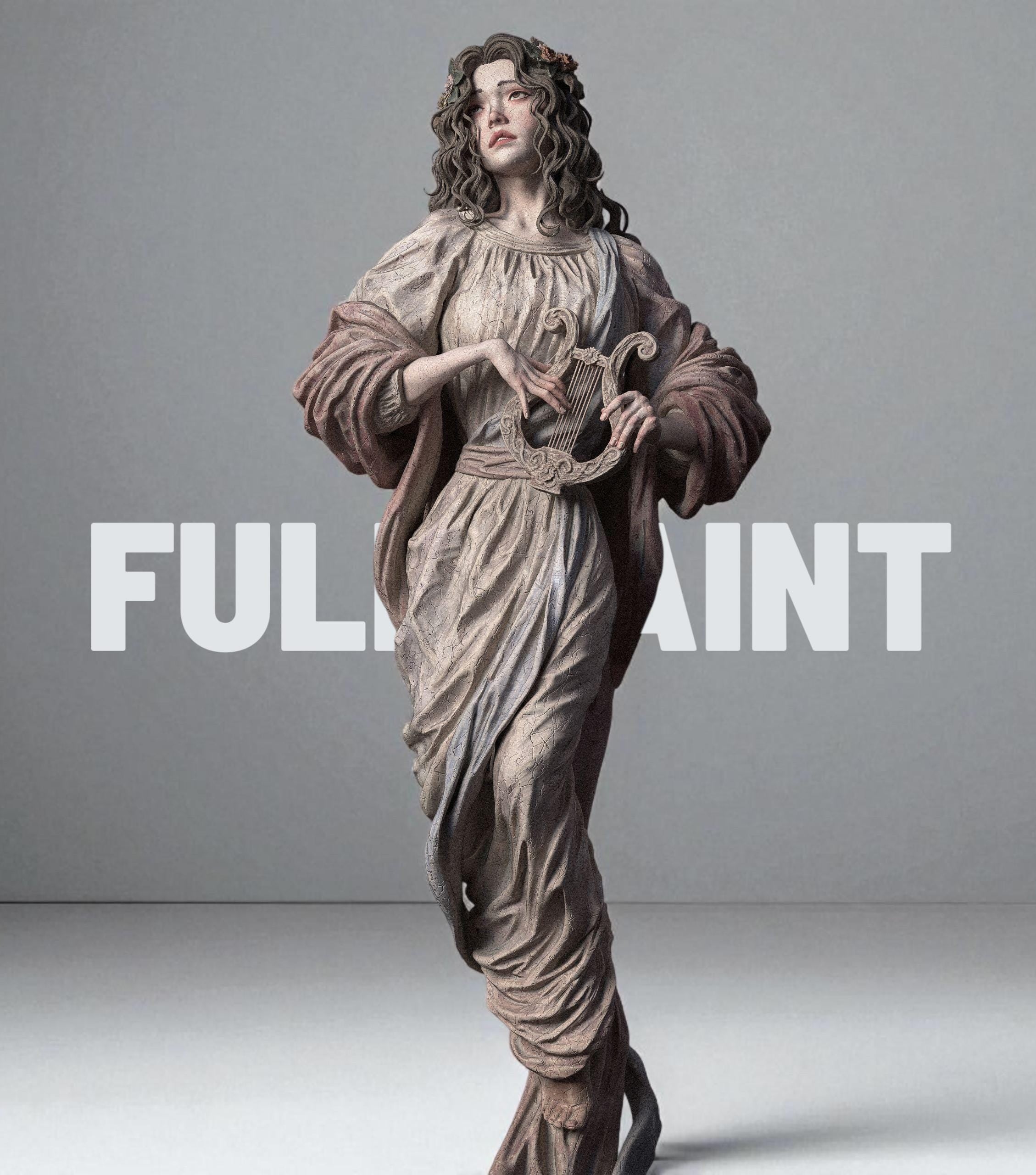 The Muse statuette featuring a graceful woman in flowing robes holding a lyre, with detailed drapery and serene expression, available in fully painted and unpainted resin versions.