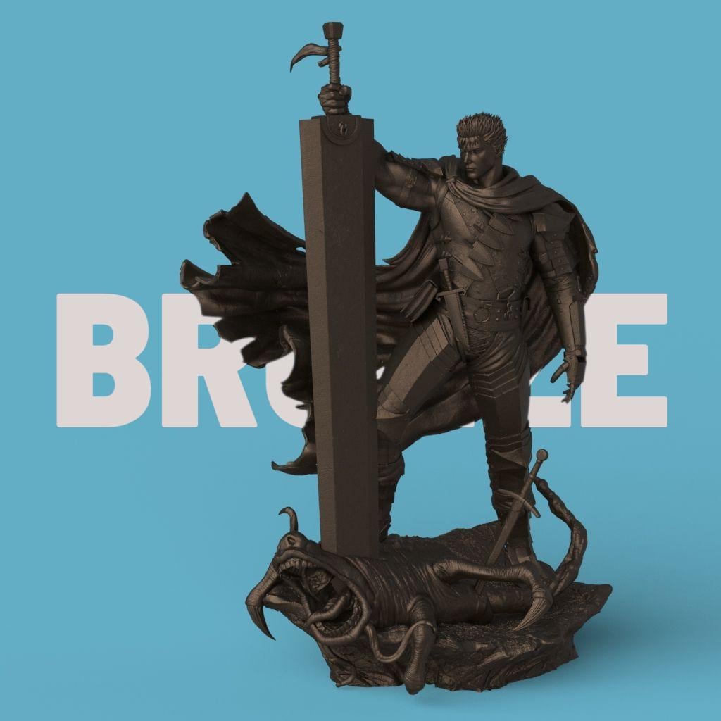 3D-printed Guts figurine featuring a fierce warrior clad in black armor, wielding an enormous sword raised high in victory. The sculpture captures a dramatic moment atop a defeated monster, with a tattered cloak flowing behind him, symbolizing power, resilience, and battle-worn determination.