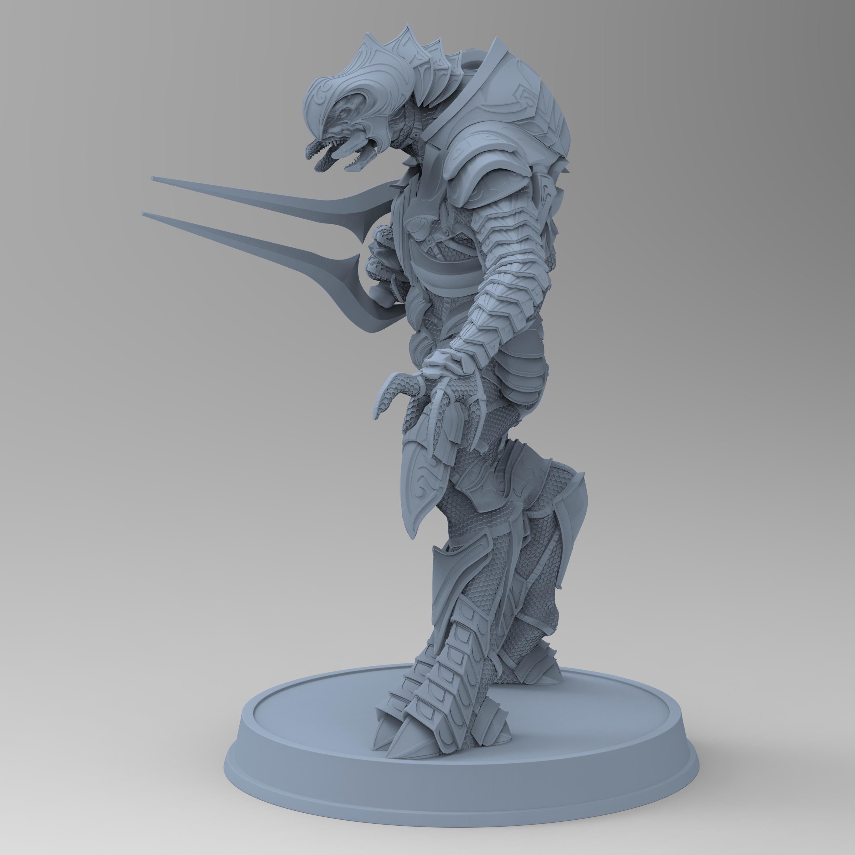Unpainted Arbiter figurine, showcasing intricate armor and weapon details, standing on a round base, highlighting its alien design and dynamic pose.