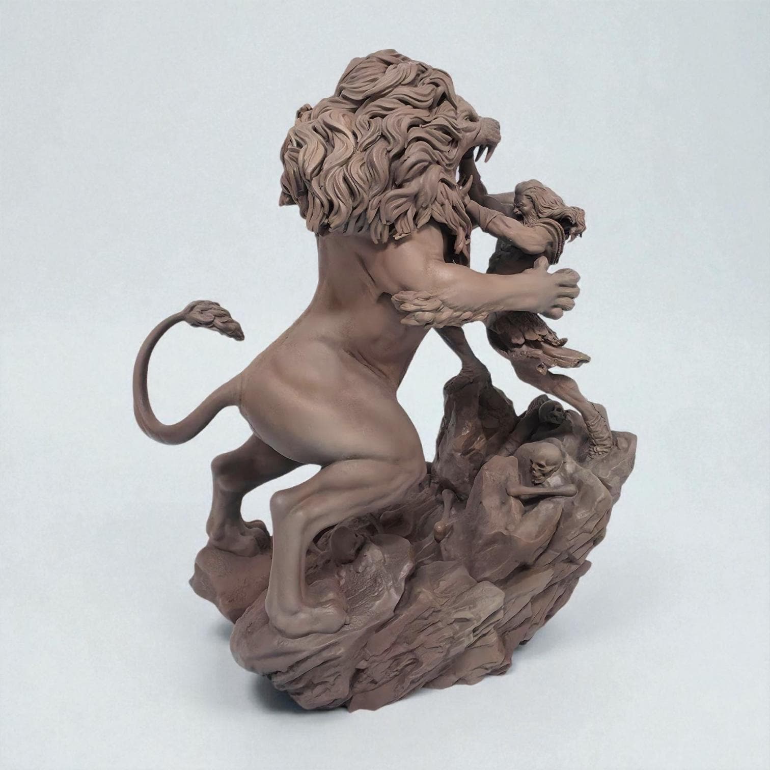 A sculpture of Heracles wrestling the Nemean Lion. The muscular hero grips the lion’s jaw, showcasing his strength. The beast’s mane is intricately detailed, and the rocky base features skulls. A dynamic and intense mythological scene.