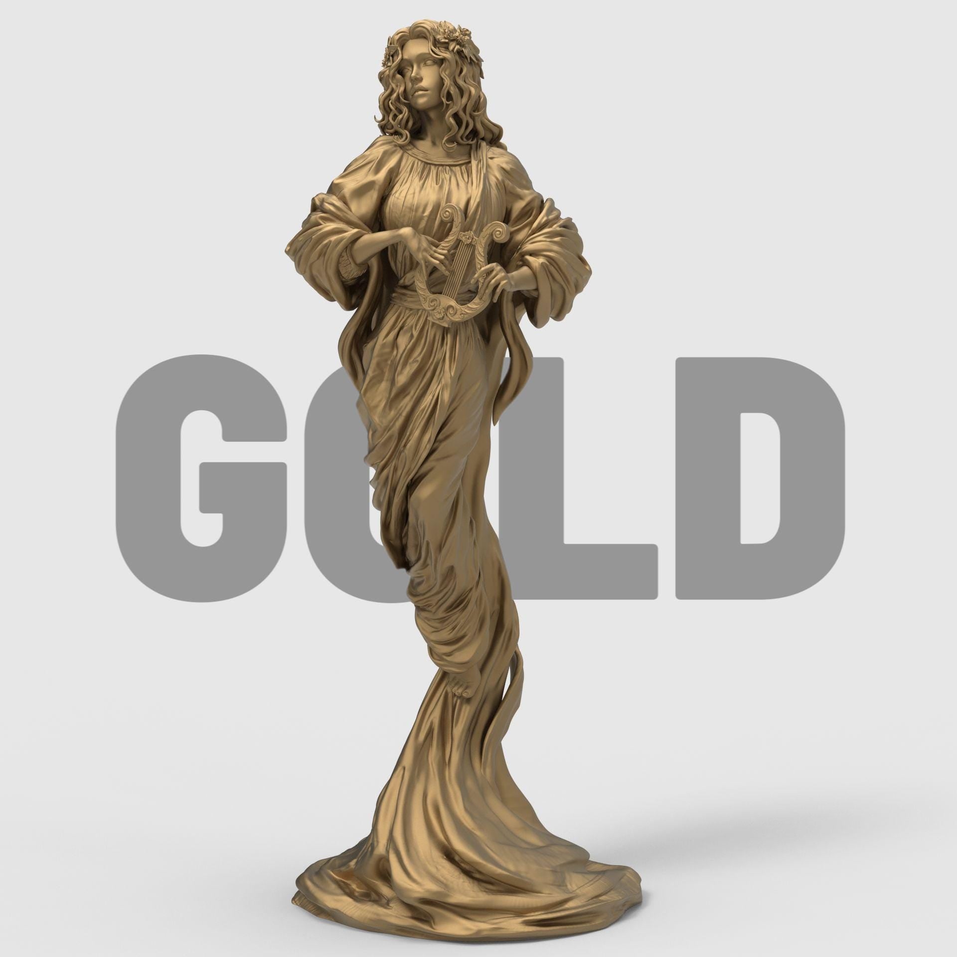 The Muse statuette featuring a graceful woman in flowing robes holding a lyre, with detailed drapery and serene expression, available in fully painted and unpainted resin versions.