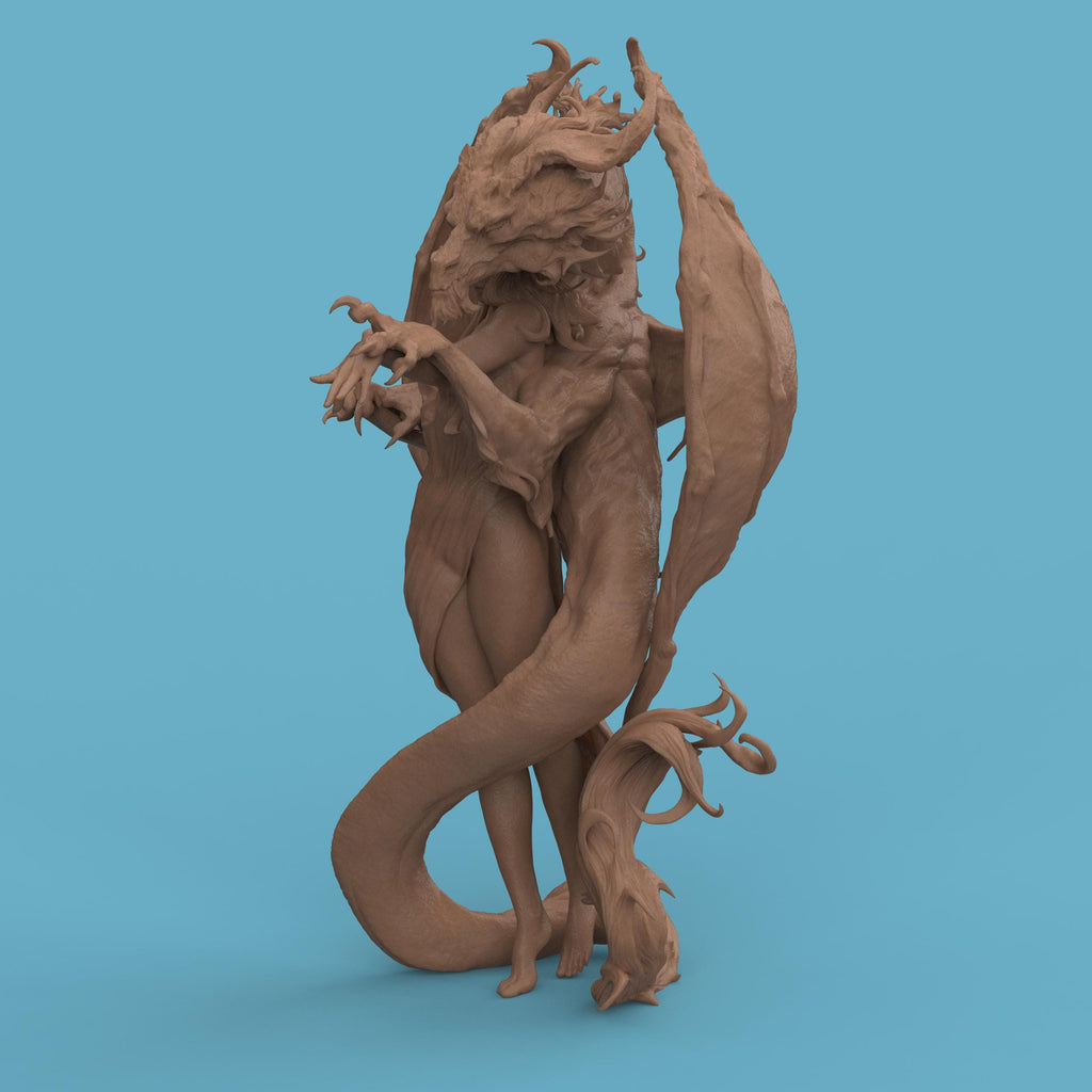 3D-printed Dragon Lady figurine featuring an elegant woman entwined with a majestic dragon. The sculpture blends beauty and power, with intricate textures on the dragon’s wings and scales, and flowing details in the woman’s hair and dress — a captivating fantasy centerpiece symbolizing harmony between strength and grace.