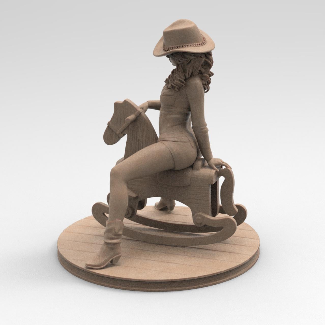 Antique wood-colored statue of a cowgirl wearing a hat and boots, riding a detailed rocking horse, posed on a circular wooden base with a rustic finish.