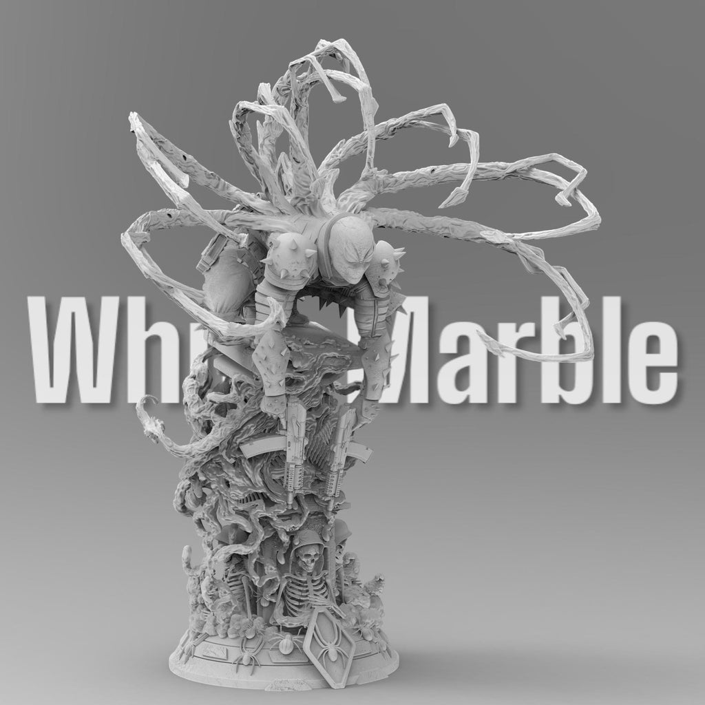 A detailed statue of Venom Agent, posed menacingly atop a chaotic, textured base filled with weaponry and skeletal remains. The figure is covered in spiked armor, with tendrils extending from the back, creating a dynamic and powerful stance.