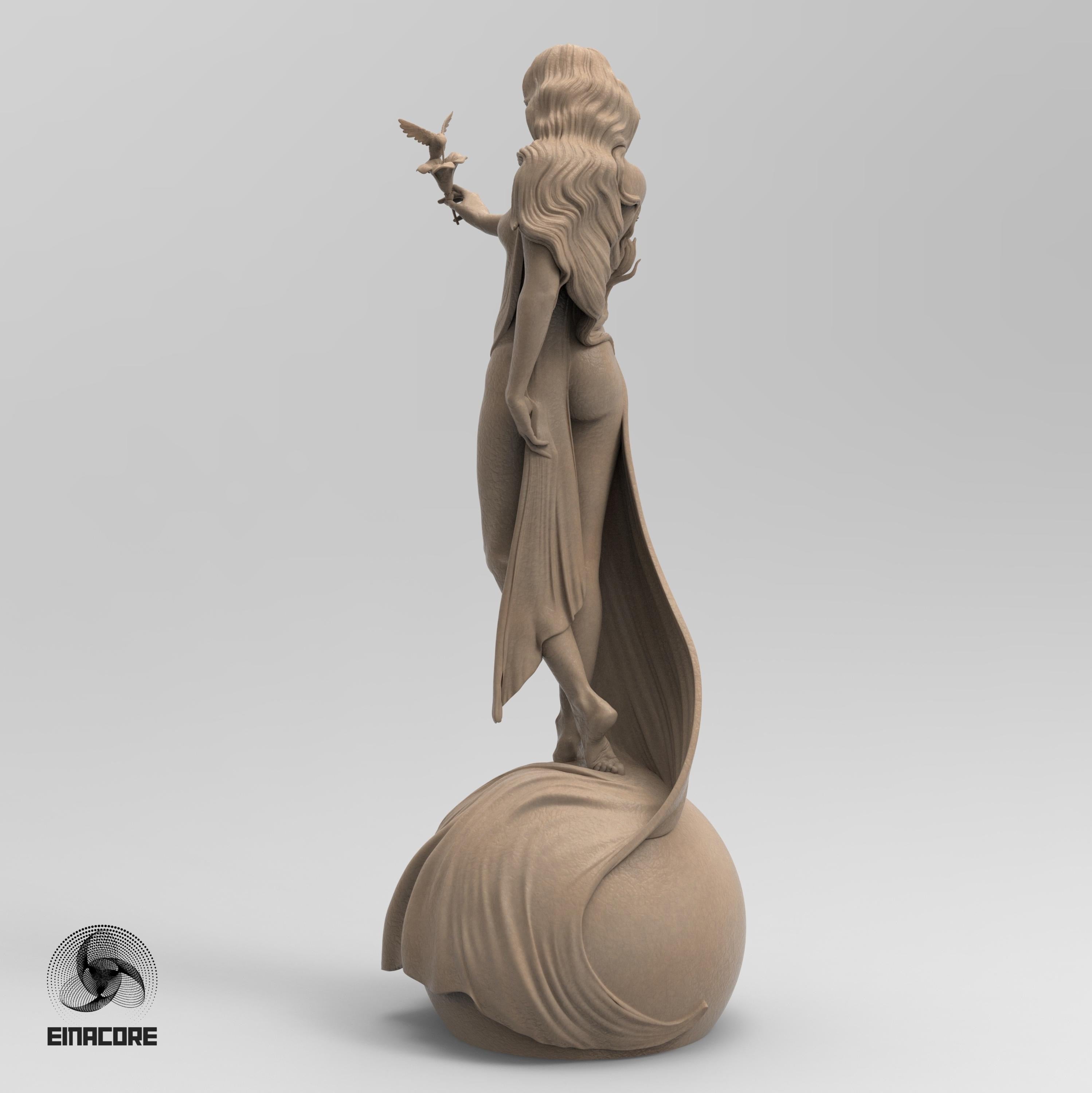 Statue of Eirene, the Goddess of Peace, featuring a serene woman with flowing hair, holding a dove. She stands gracefully on a spherical base, symbolizing harmony and balance.