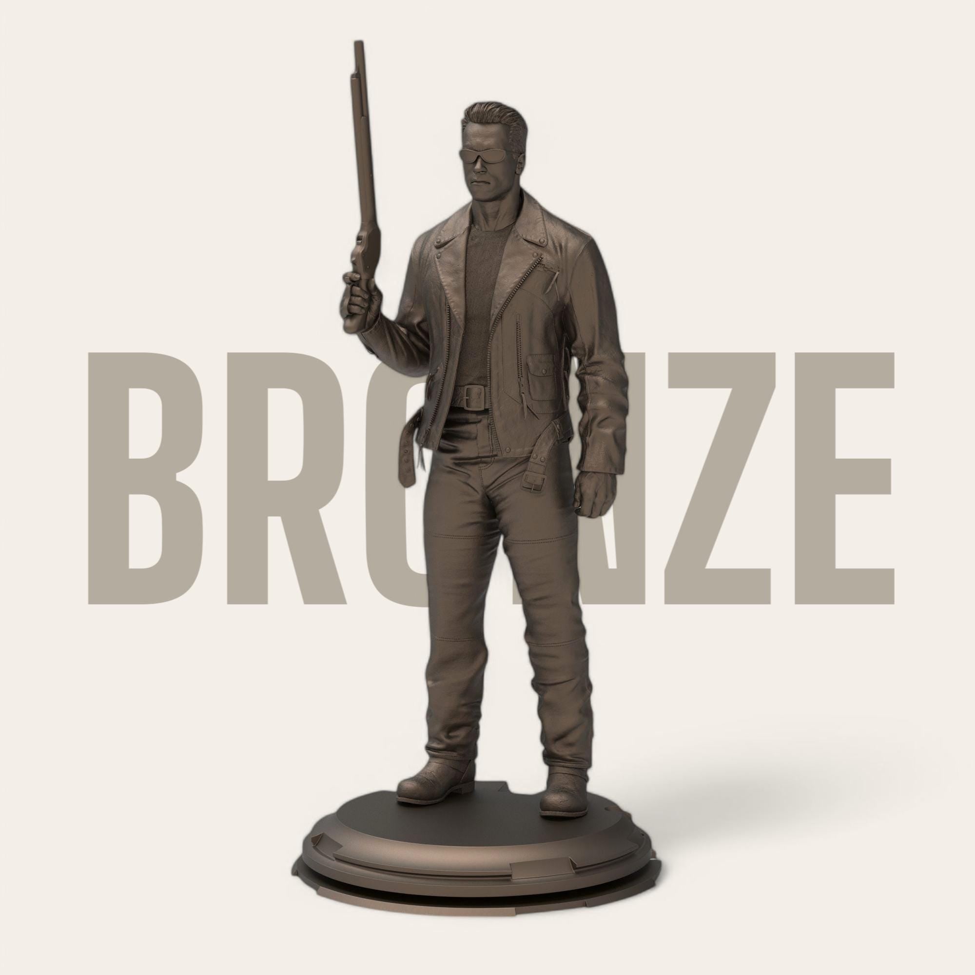 A 3D printed figurine of the Enforcer, featuring detailed clothing, sunglasses, and a shotgun. Captures the iconic look with a strong stance on a round base. Perfect for fans of the classic sci-fi film.