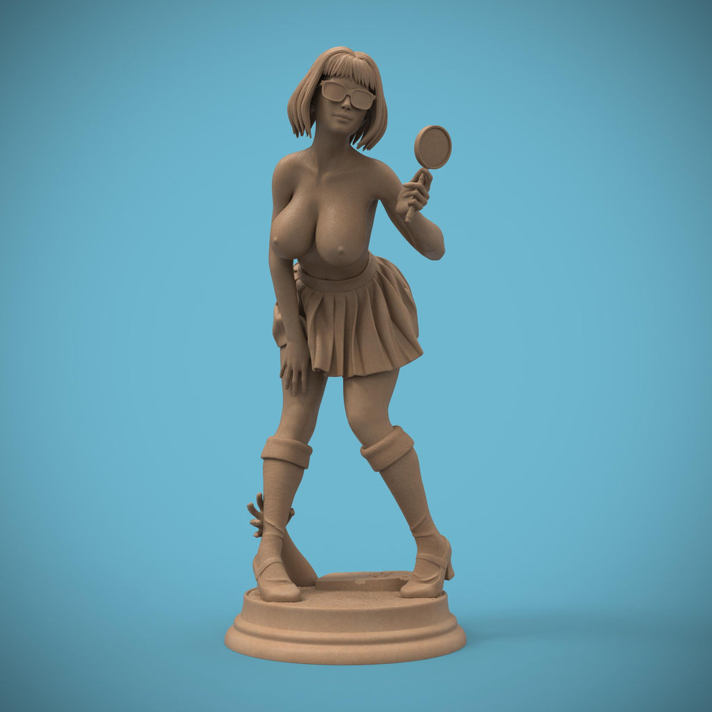A cheeky twist on the classic mystery solver. This curvy Velma-inspired figurine captures her playful spirit with a magnifying glass in hand and a mischievous grin. A perfect blend of sass and smarts, sculpted in high detail for collectors.