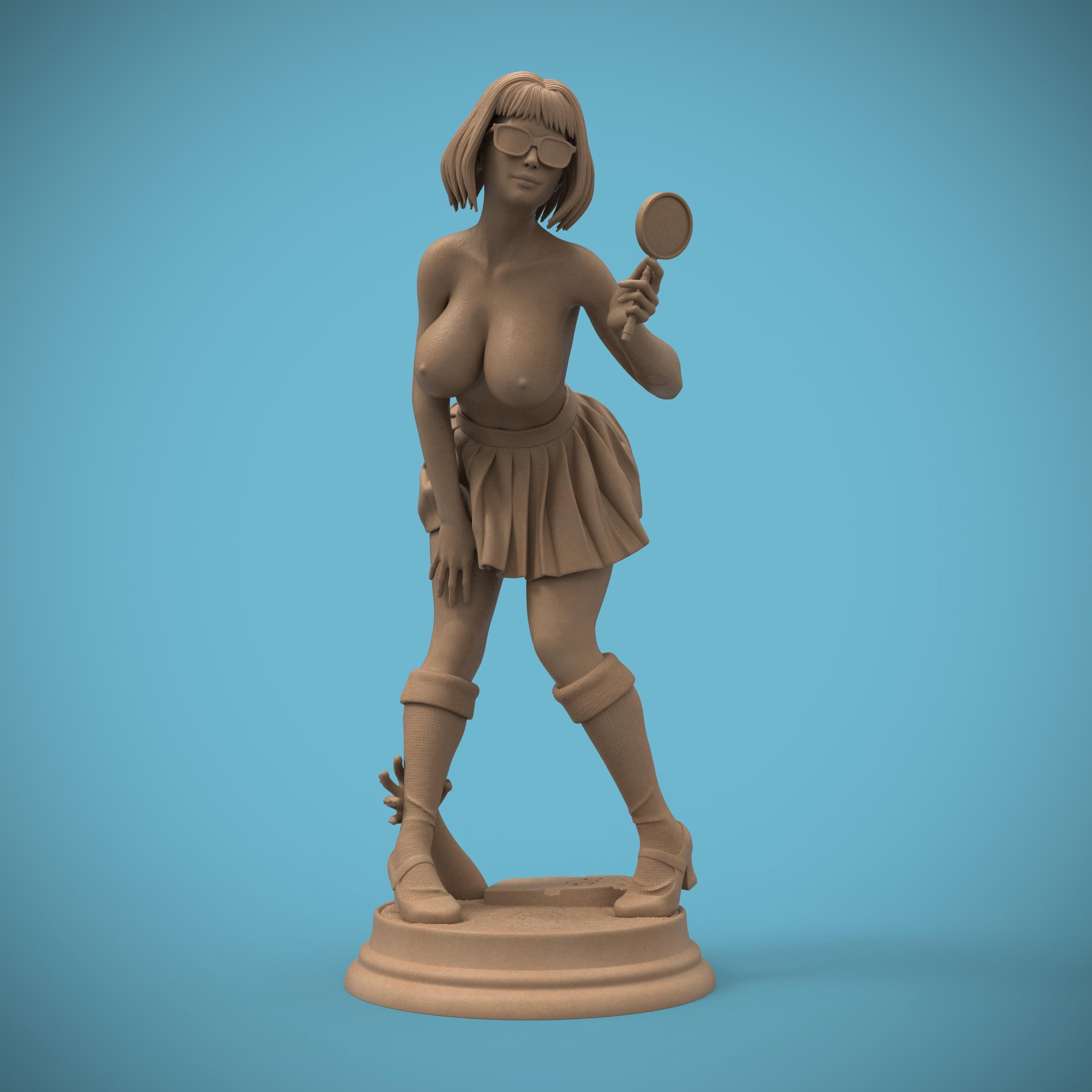 A cheeky twist on the classic mystery solver. This curvy Velma-inspired figurine captures her playful spirit with a magnifying glass in hand and a mischievous grin. A perfect blend of sass and smarts, sculpted in high detail for collectors.
