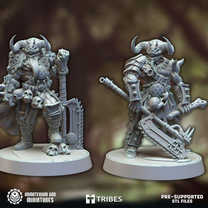 Horned Berserk Demon miniature by Immaterium God, clad in spiked armor, wielding a massive chainsaw weapon. One arm is a monstrous claw.