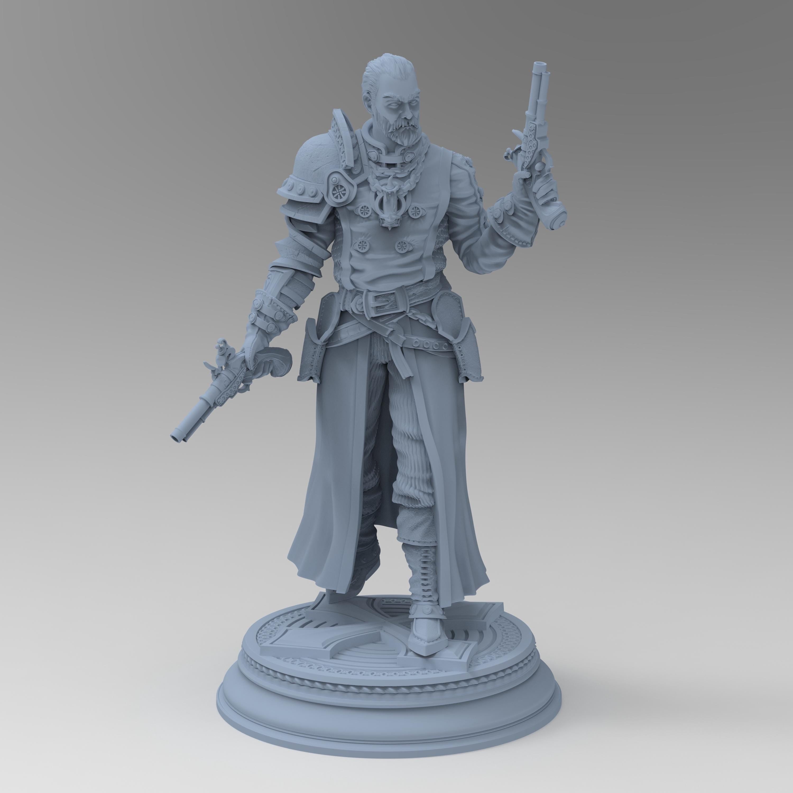 Stoic and battle-worn, Father McKinley stands with dual flintlock pistols and a righteous glare. Adorned in detailed layered armor and a long flowing coat, this miniature captures a holy gunslinger ready to purge evil with fire and faith.
