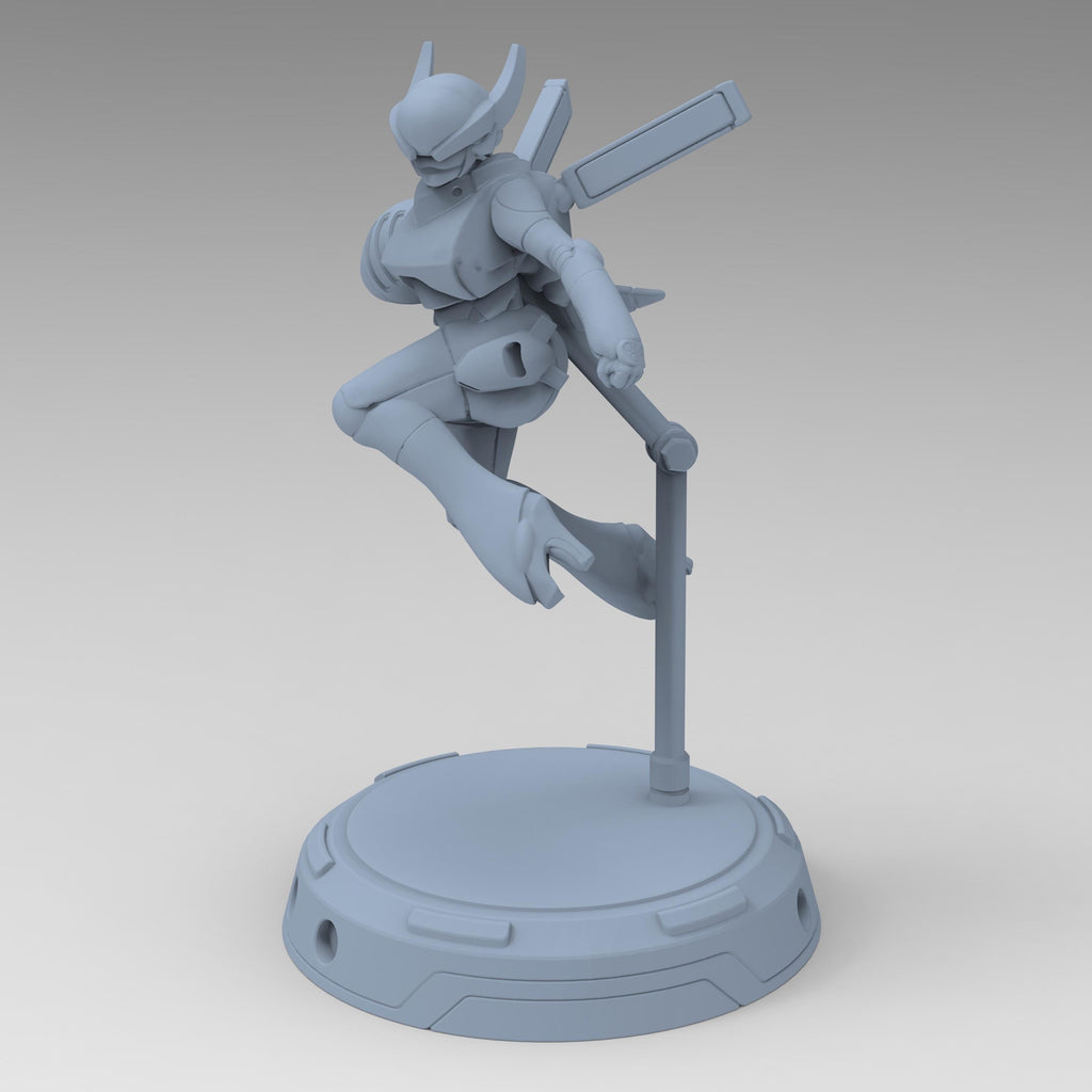 Cyberbabe Mommo, a dynamic cyberpunk warrior, soars mid-air in sleek armor with powerful gauntlets and a futuristic visor. Her agile stance and mechanical enhancements make her a striking figure for sci-fi enthusiasts and collectors.