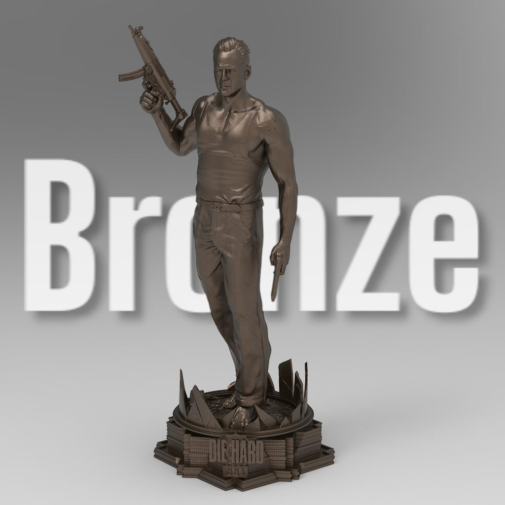A detailed 3D-printed statue of McLane of Mayhem, posed dynamically with a machine gun and pistol, standing atop a sculpted base featuring shattered glass and city elements. Perfect for collectors and action movie fans.