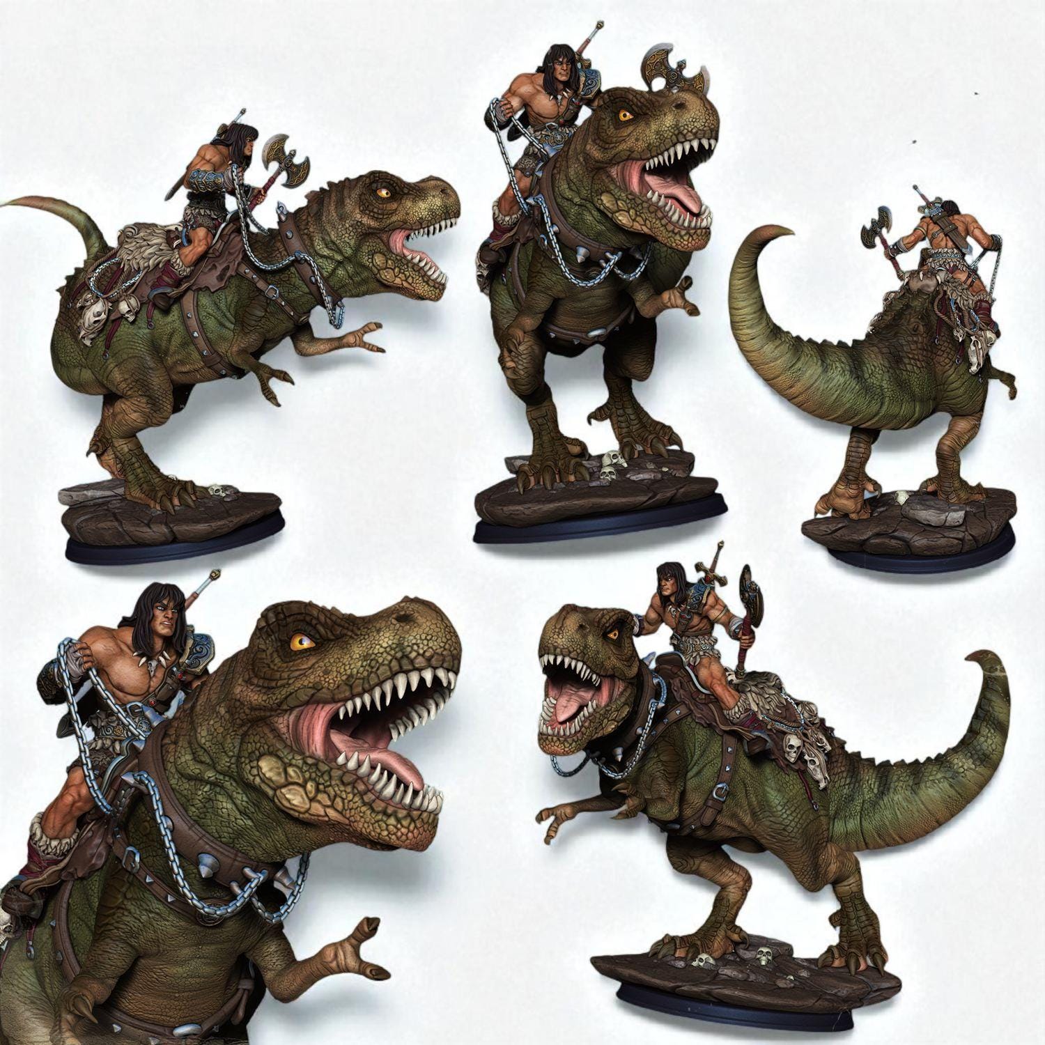 Intricately sculpted miniature of a fierce warrior riding a heavily armored dinosaur, wielding a sword and shield atop a dynamic rocky base, perfect for fantasy tabletop or display collections.