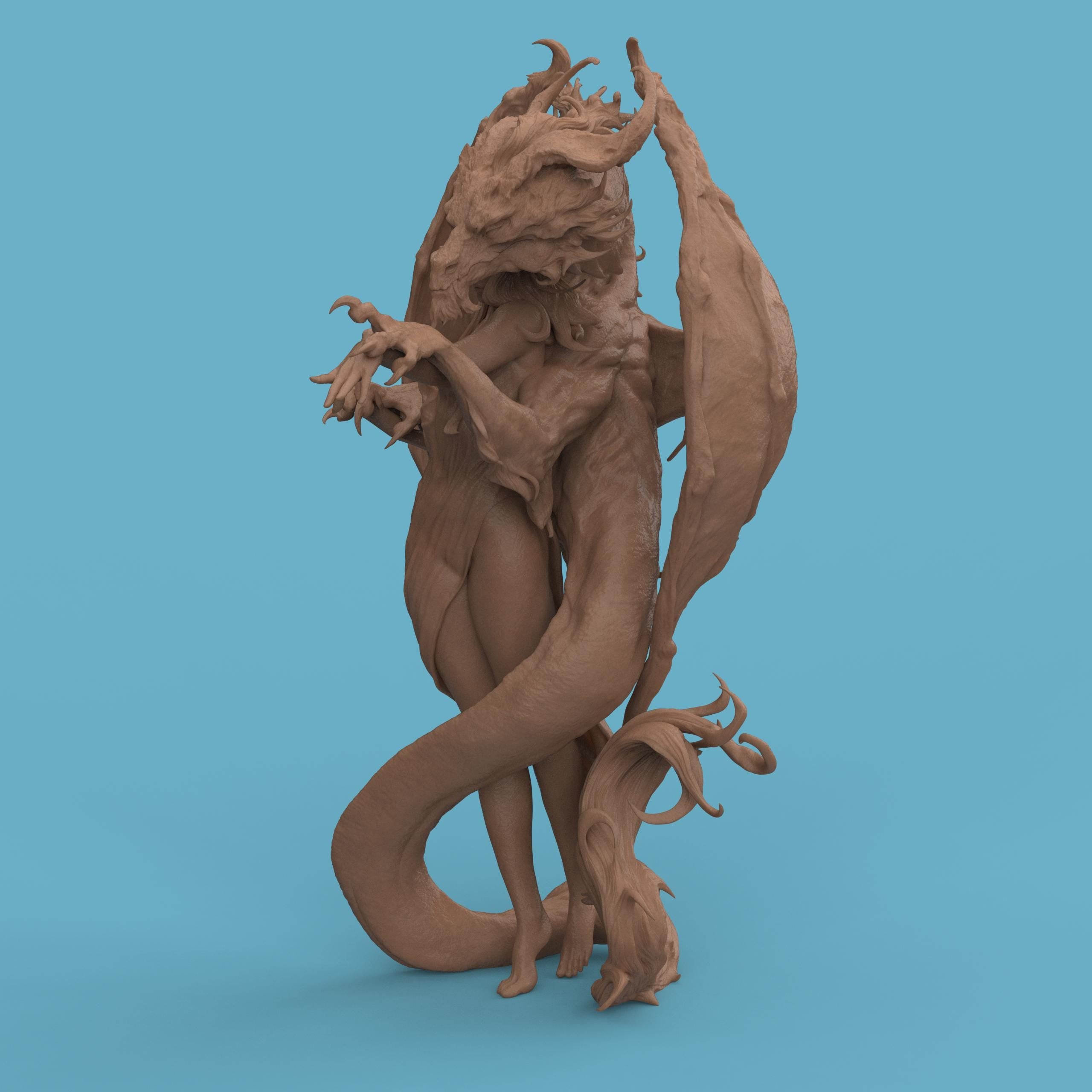 3D-printed Dragon Lady figurine featuring an elegant woman entwined with a majestic dragon. The sculpture blends beauty and power, with intricate textures on the dragon’s wings and scales, and flowing details in the woman’s hair and dress — a captivating fantasy centerpiece symbolizing harmony between strength and grace.