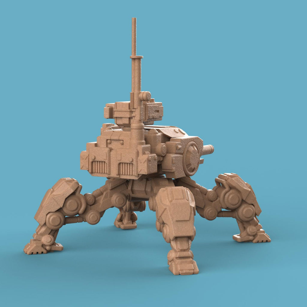 3D-printed Jabal Mech Assault Walker featuring four armored legs, heavy cannons, and radar unit. A detailed futuristic war machine miniature, perfect for tabletop gaming, collectors, and display.