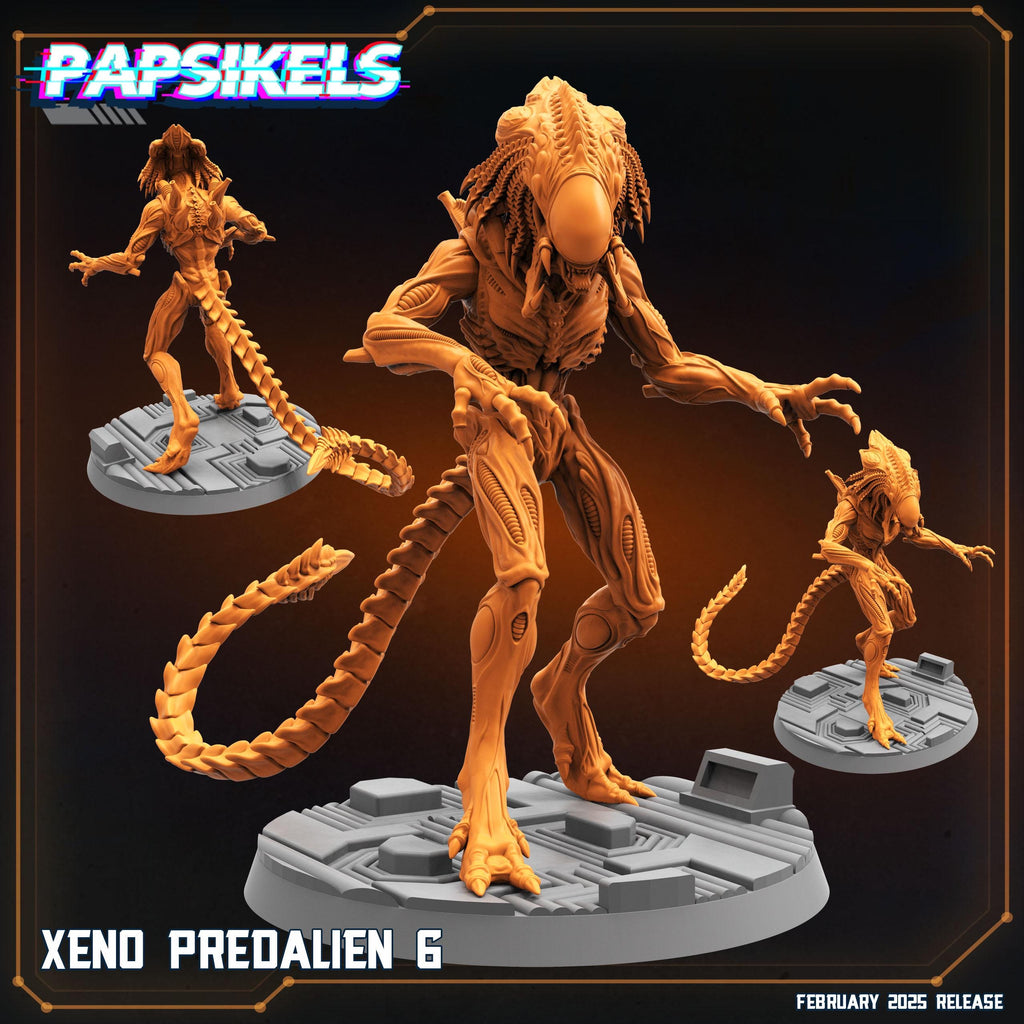 A terrifying alien creature with an elongated head, sharp claws, and biomechanical details, standing on a sci-fi platform. Its powerful stance and menacing posture make it a formidable figure, perfect for RPG or tabletop games.