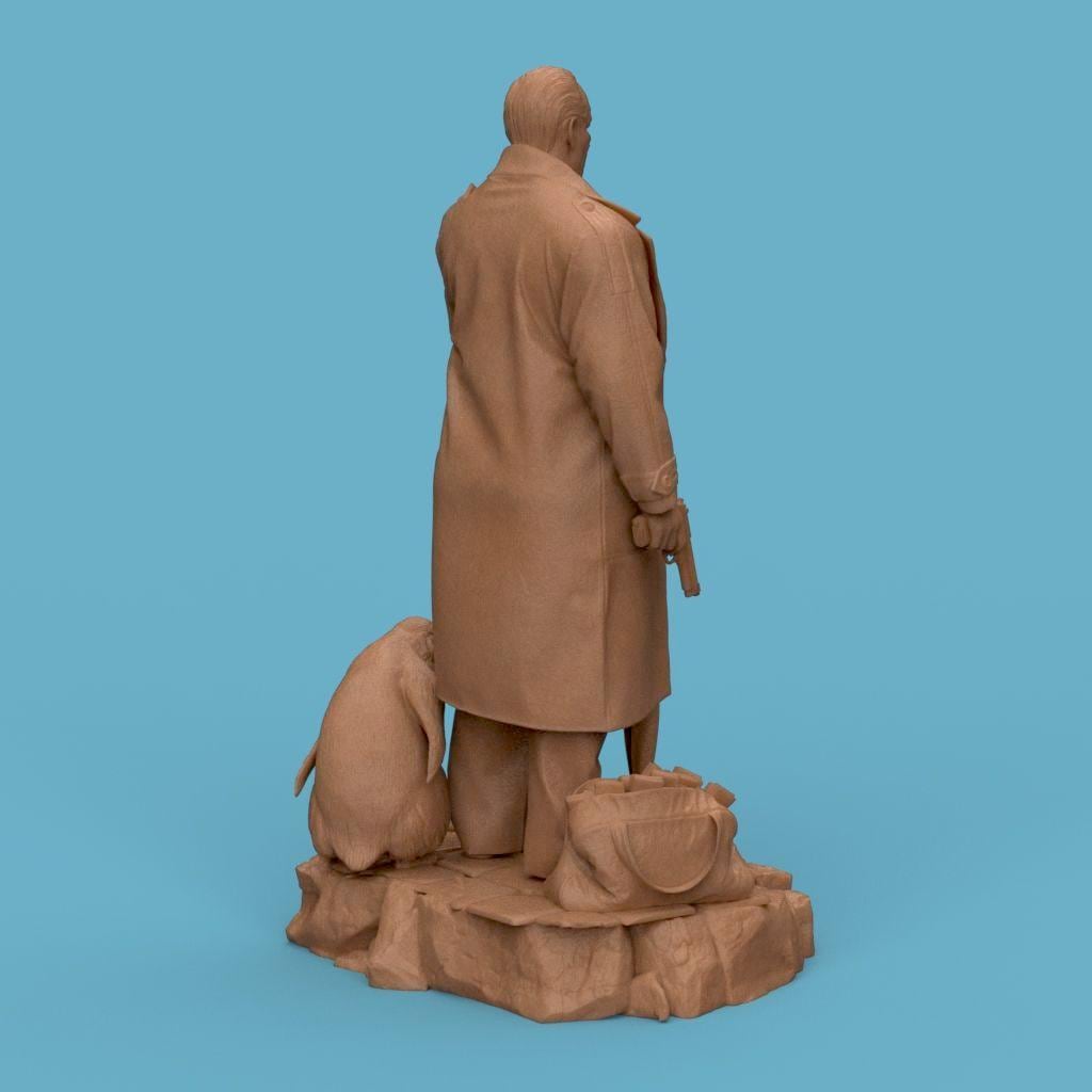 3D-printed figurine of The Penguin Man standing on a textured stone base, holding an umbrella and a gun, with two penguins by his side. The sculpture showcases detailed clothing folds and facial expression, making it ideal for collectors of cinematic or villain-inspired art pieces.