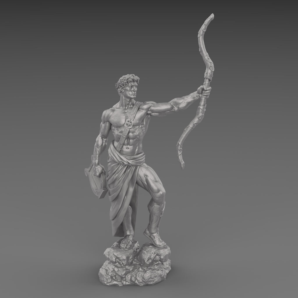 Apollo statue with a bow and lyre, wearing a laurel wreath and draped garment. His heroic stance and muscular form embody divine strength and grace.