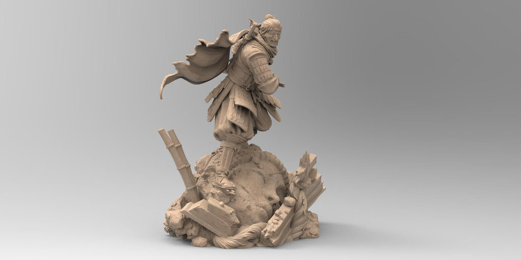 Jin Sakai from Ghost of Tsushima in a dynamic pose, gripping his katana. He wears samurai armor with a flowing scarf and a battle-worn flag behind him. The base features broken structures and rocks, symbolizing the fallen Shogunate era.