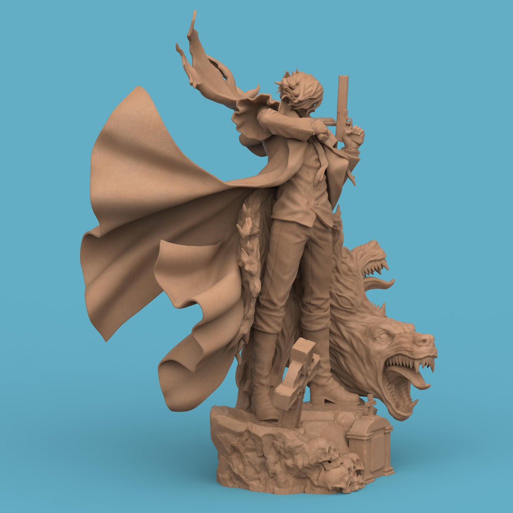 Highly detailed 3D-printed Alucard figurine, depicting a dark, vampire-like warrior in a red coat wielding dual pistols. The figure stands atop a gothic base adorned with skulls and gravestones, surrounded by swirling red demonic energy and snarling beast heads, capturing a dramatic and supernatural atmosphere.