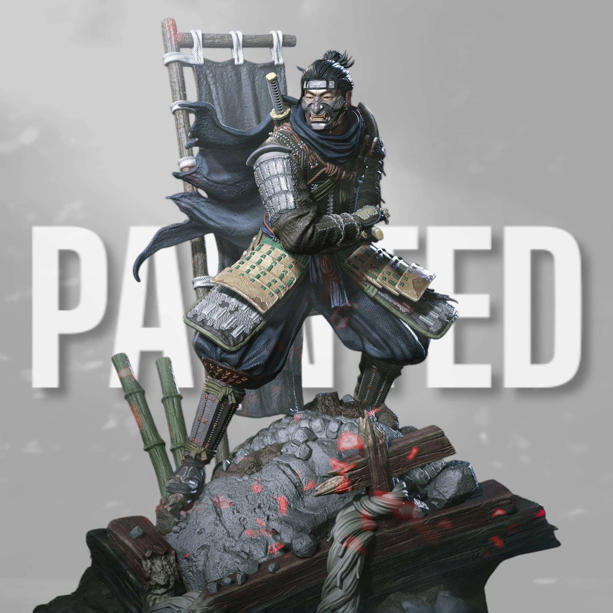 Jin Sakai from Ghost of Tsushima in a dynamic pose, gripping his katana. He wears samurai armor with a flowing scarf and a battle-worn flag behind him. The base features broken structures and rocks, symbolizing the fallen Shogunate era.