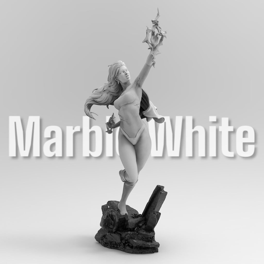 3D-printed statue of Kaira Nova in a dynamic pose, levitating over rocky debris with energy constructs forming around her hands. Detailed sculpt with flowing hair, a cape, and a confident expression, capturing her iconic superhero stance.