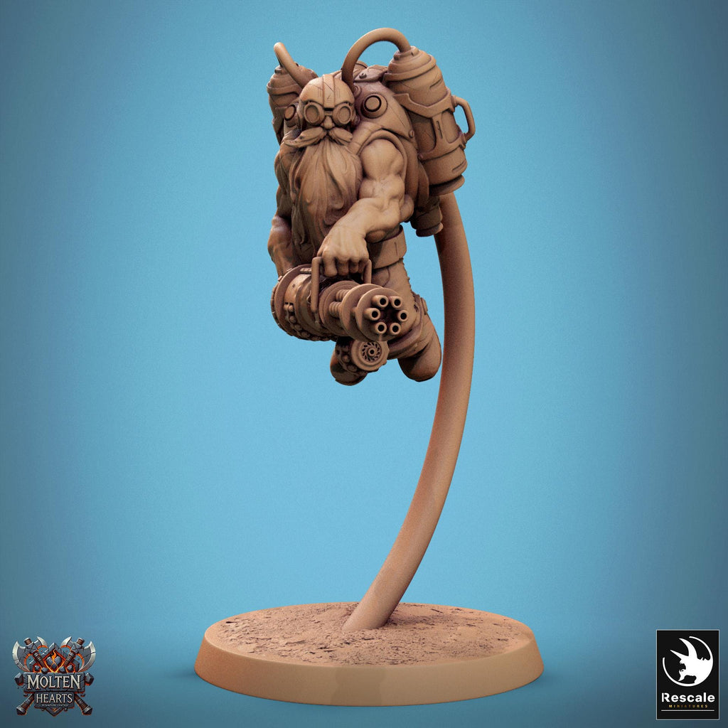 The Dwarf Steampunk gunslinger wields dual intricate pistols, clad in heavy boots and a mechanical backpack. His long beard flows beneath his goggles as he stands ready for battle, a fusion of dwarven grit and advanced steampunk technology.