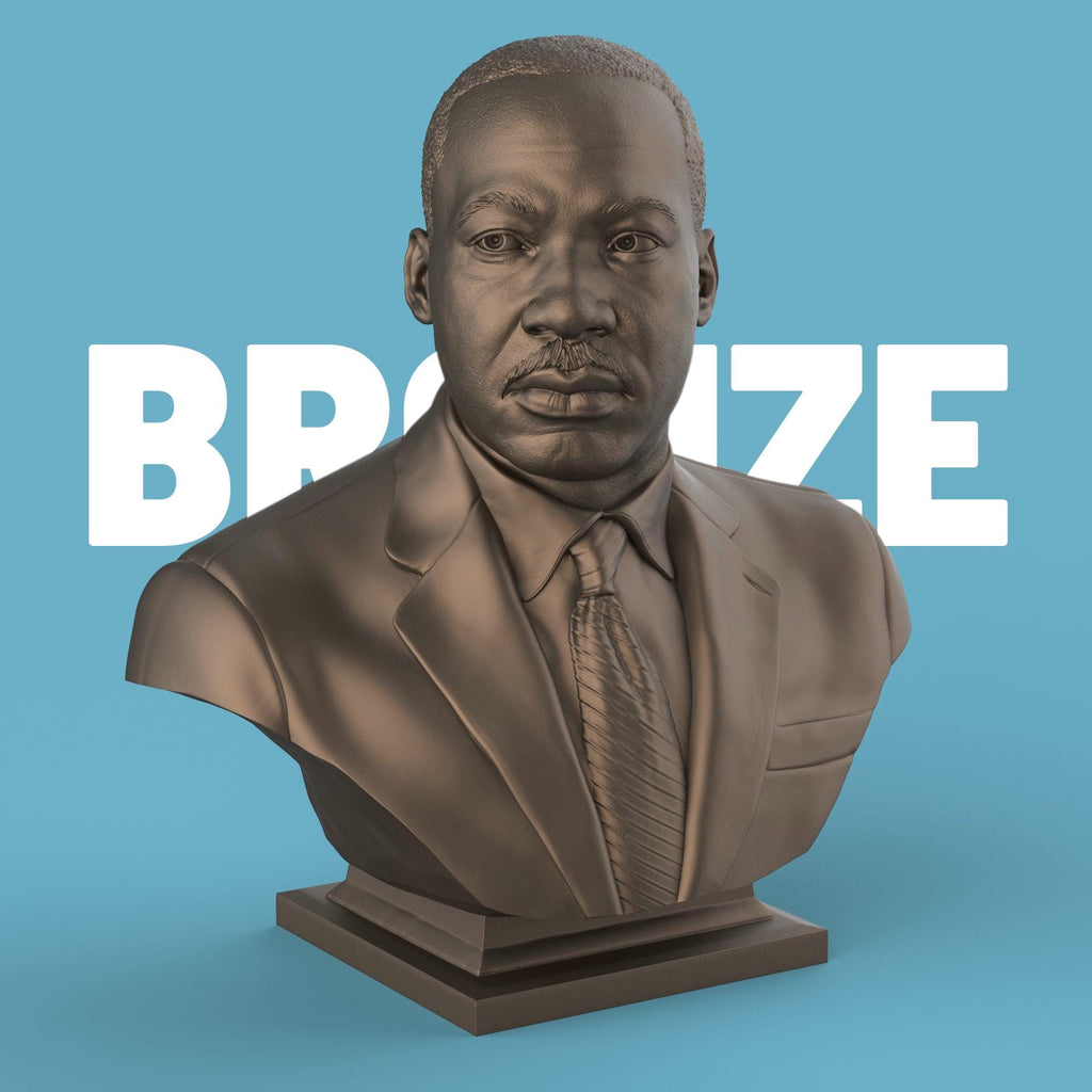 3D-printed bust of Martin Luther King Jr. in a suit and tie, capturing his determined expression with fine detailing, ideal for collectors, tributes, or display décor.