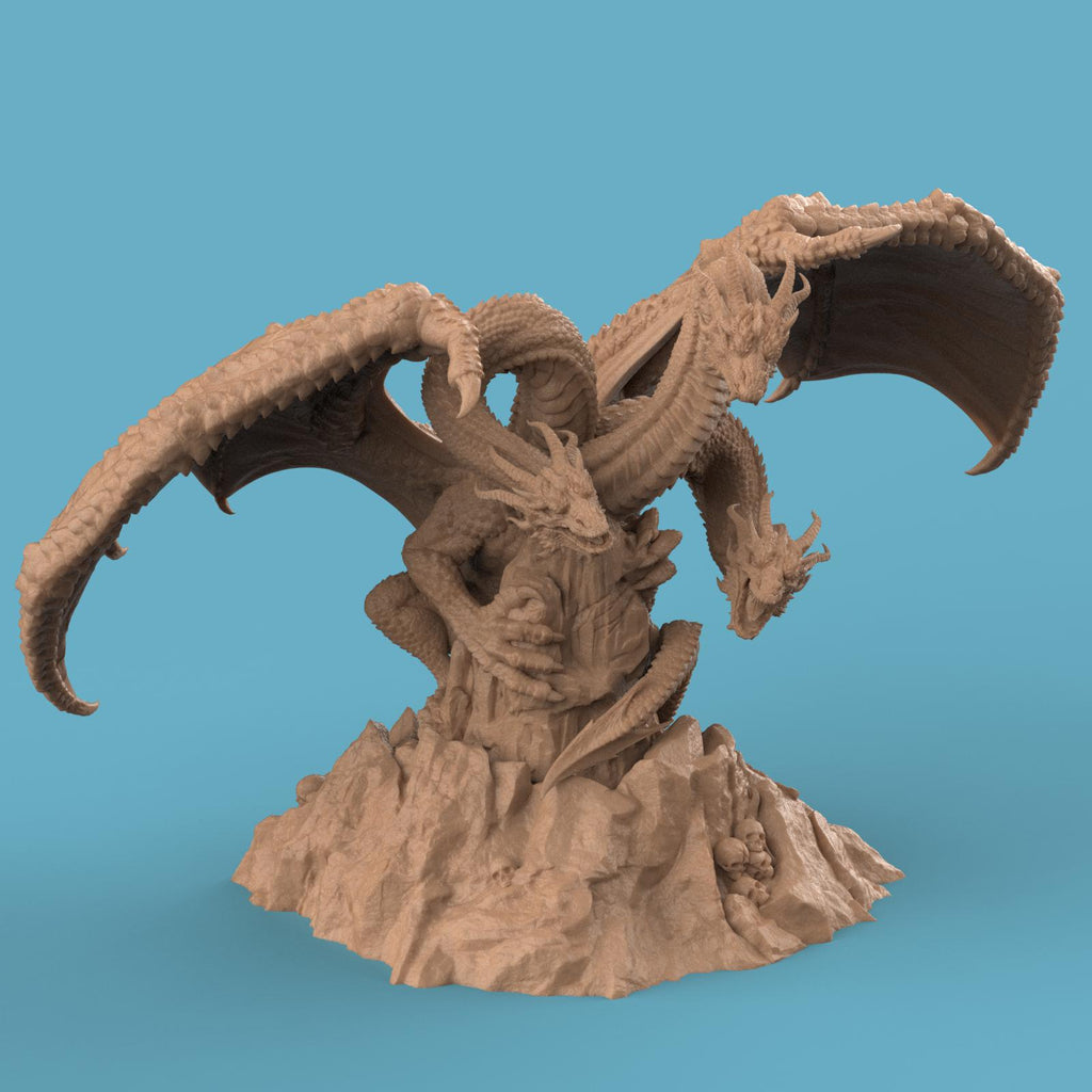 3D-printed Tridracarys Sovereign Dragon miniature featuring a three-headed dragon perched atop jagged rocks, wings spread wide and scales intricately detailed. A striking fantasy centerpiece for tabletop gaming or display.