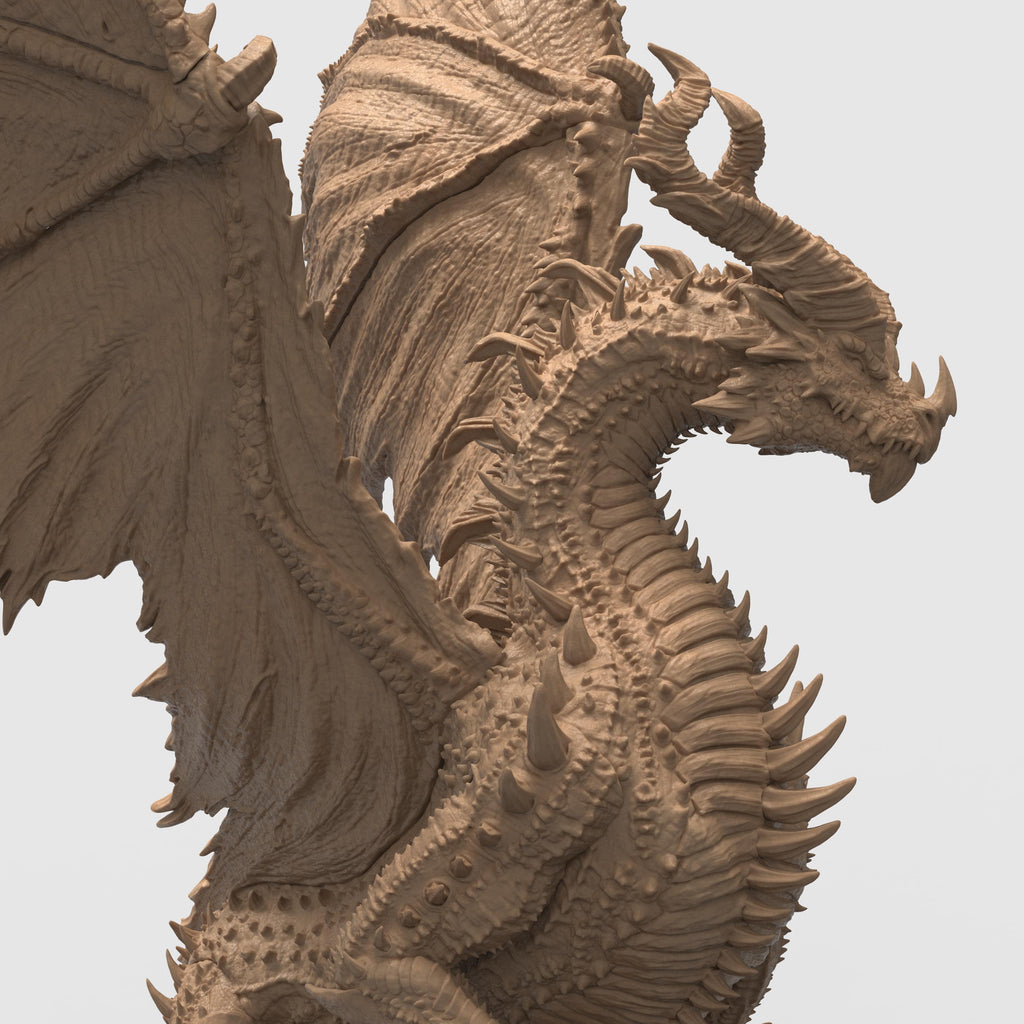 Highly detailed 3D-printed miniature of a Black Ancient Dragon perched atop jagged rocky terrain. The dragon features menacing horns, sharp spines along its body, and expansive, tattered wings spread wide in a dominant pose. Sculpted with fine textures, including intricate scales and a fierce, snarling expression.