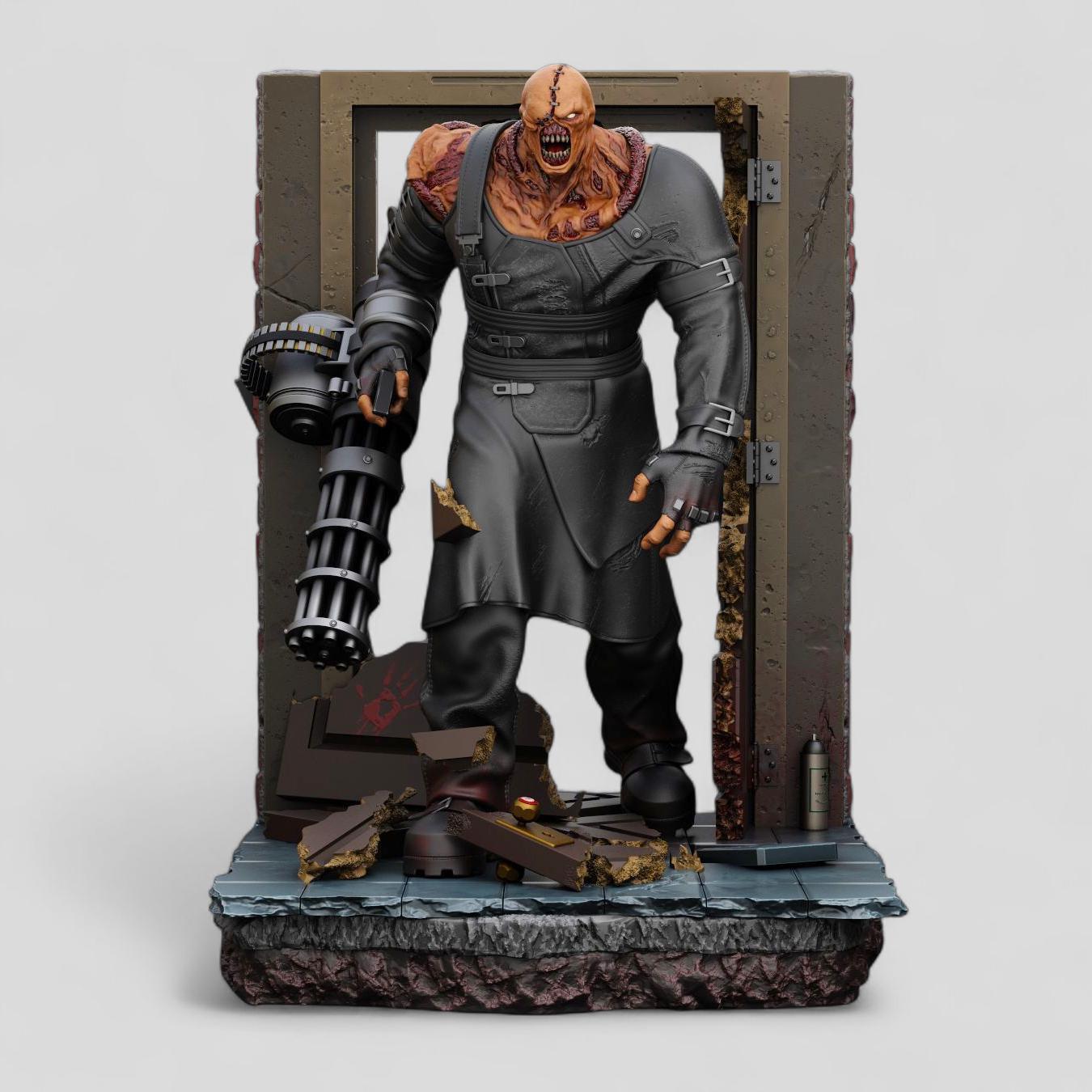 A figurine depicting Nemesis of the Dead, featuring a monstrous humanoid character with exposed, veined shoulders and a heavily scarred face. The figure stands menacingly inside a battered doorway, holding a large gatling gun and wearing a tattered black trench coat. The base shows broken debris and rubble, emphasizing a sense of destruction.