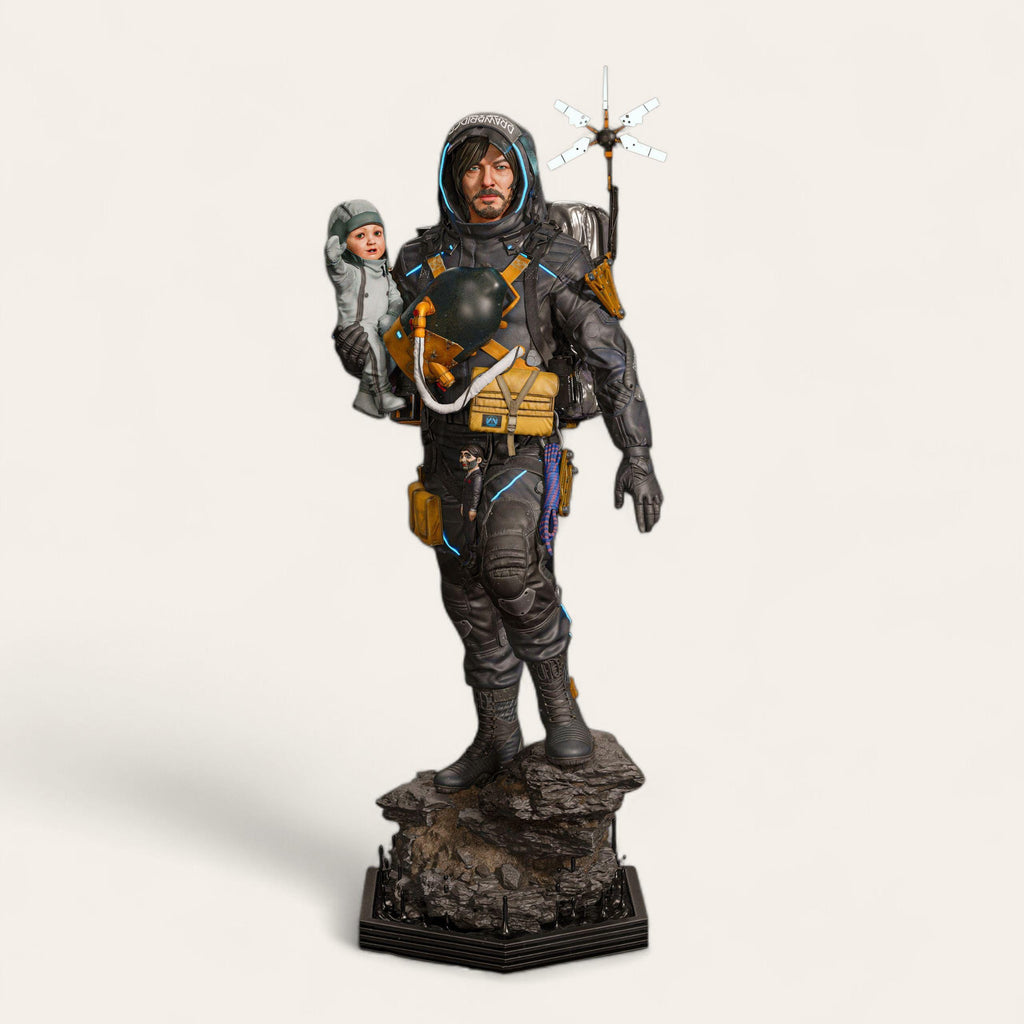Delivery Man figurine depicting a rugged adventurer in detailed gear carrying supplies and equipment, standing firmly on a rocky base, available as an unpainted resin model.