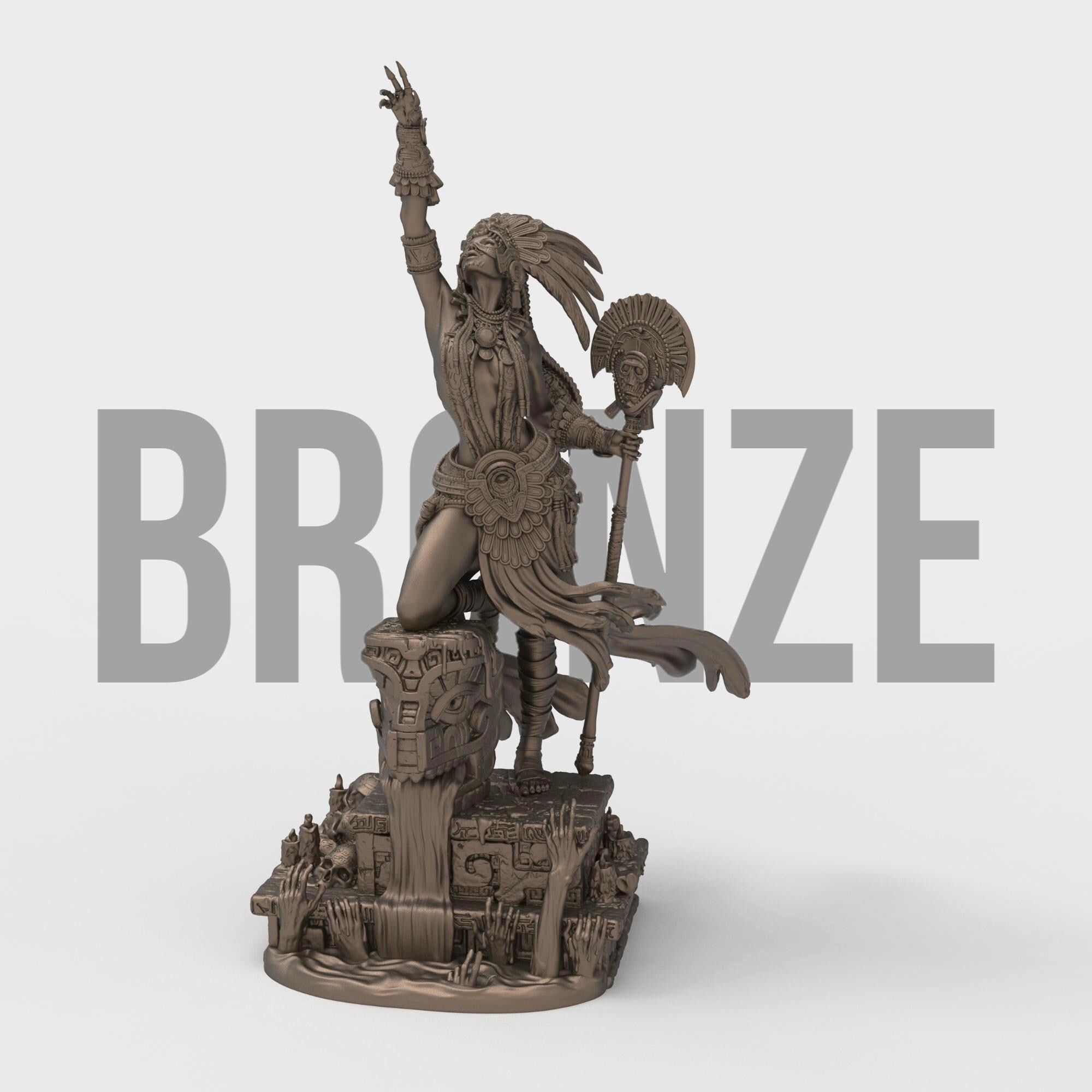 Necalin, the Priestess of Death, rises from ancient ruins, summoning forgotten powers. Clad in ceremonial armor and wielding a skull-topped staff, she channels divine wrath and spiritual dominion. This intricately detailed sculpture captures her fierce grace and mystical authority—a commanding centerpiece for any collection of mythical figures.