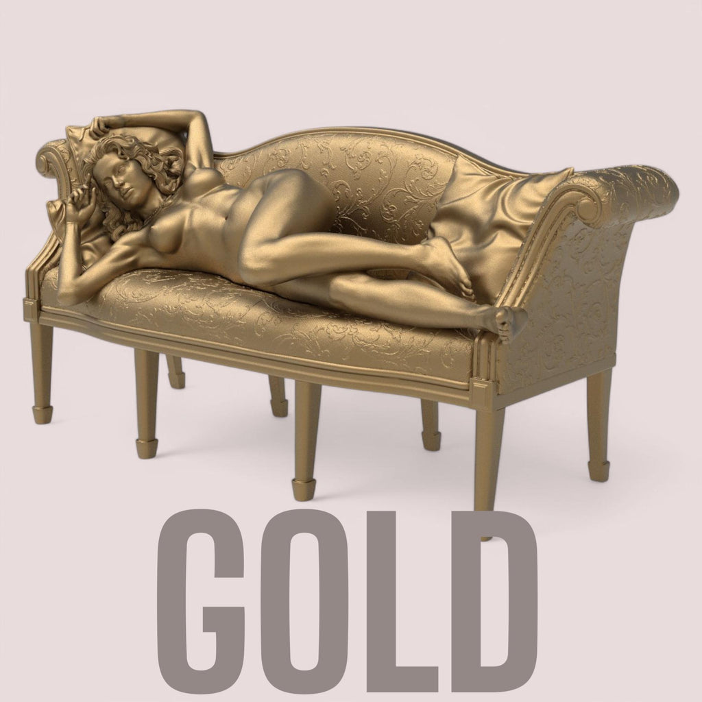 Titanic Rose 3D sculpture inspired by the iconic film pose. A graceful figure reclines nude on a vintage sofa, with detailed textures in fabric and anatomy, capturing a timeless moment of elegance and vulnerability.