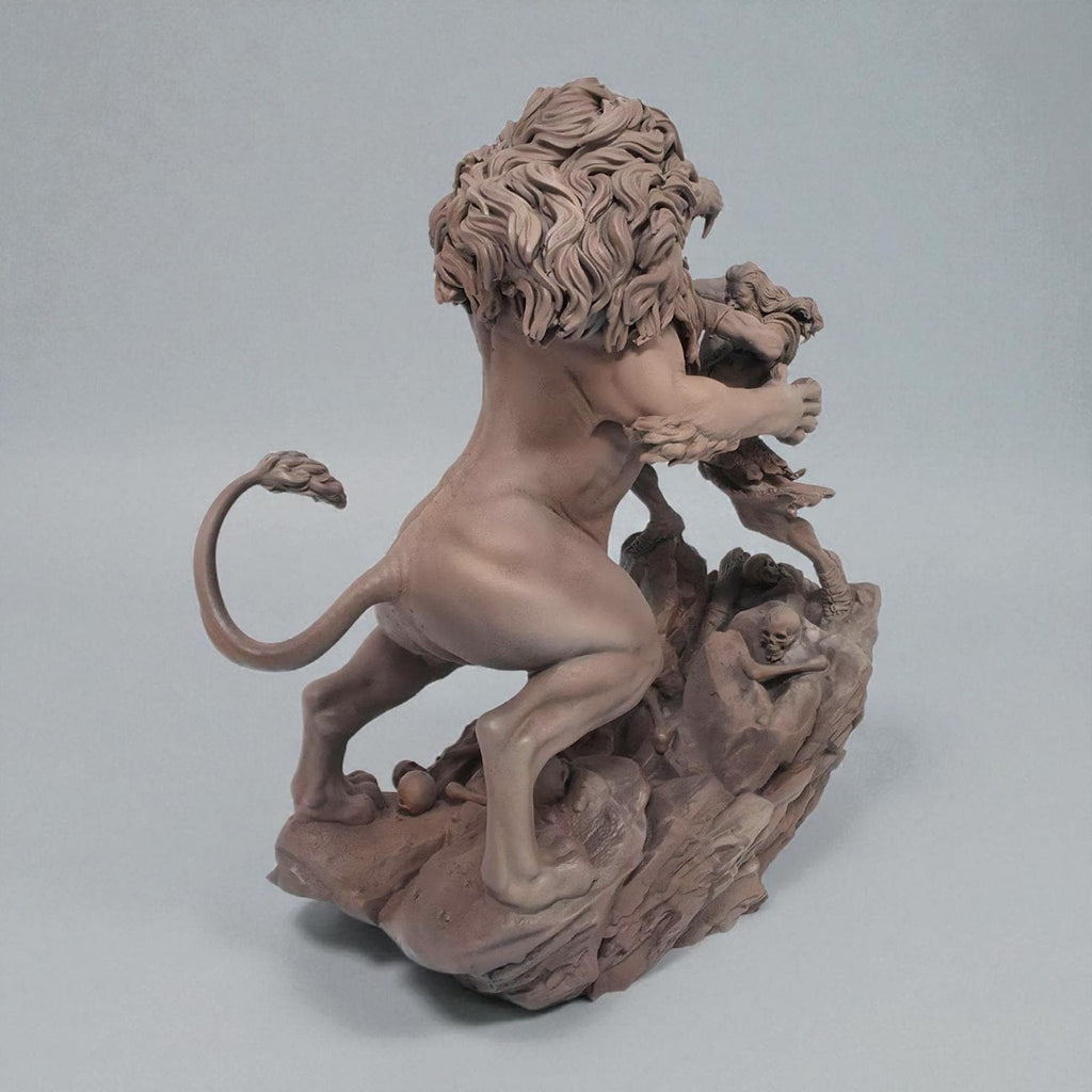 A sculpture of Heracles wrestling the Nemean Lion. The muscular hero grips the lion’s jaw, showcasing his strength. The beast’s mane is intricately detailed, and the rocky base features skulls. A dynamic and intense mythological scene.